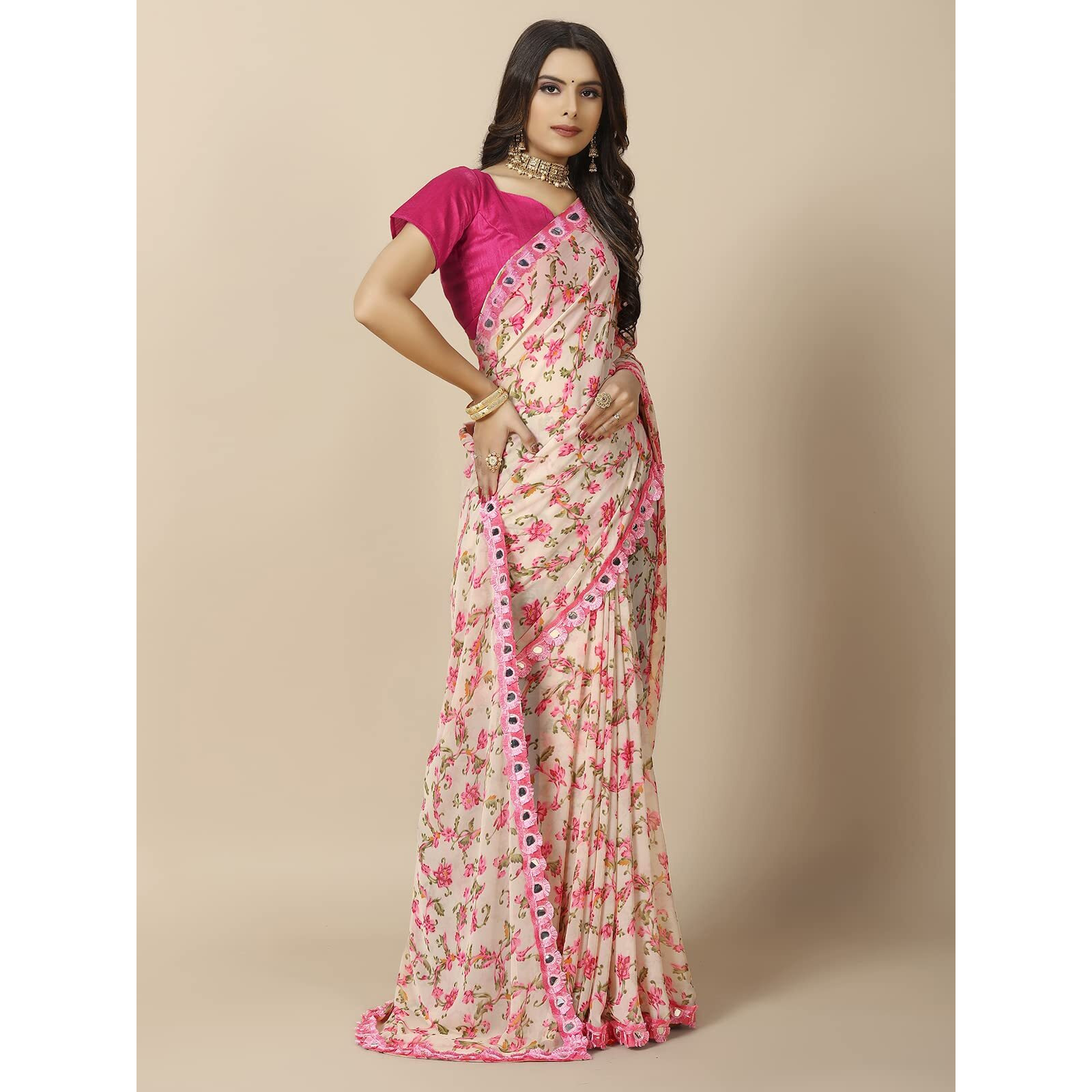 rangita Women Floral Printed Georgette Saree With Blouse Piece - Pink (SIZE 5.5 MTR)