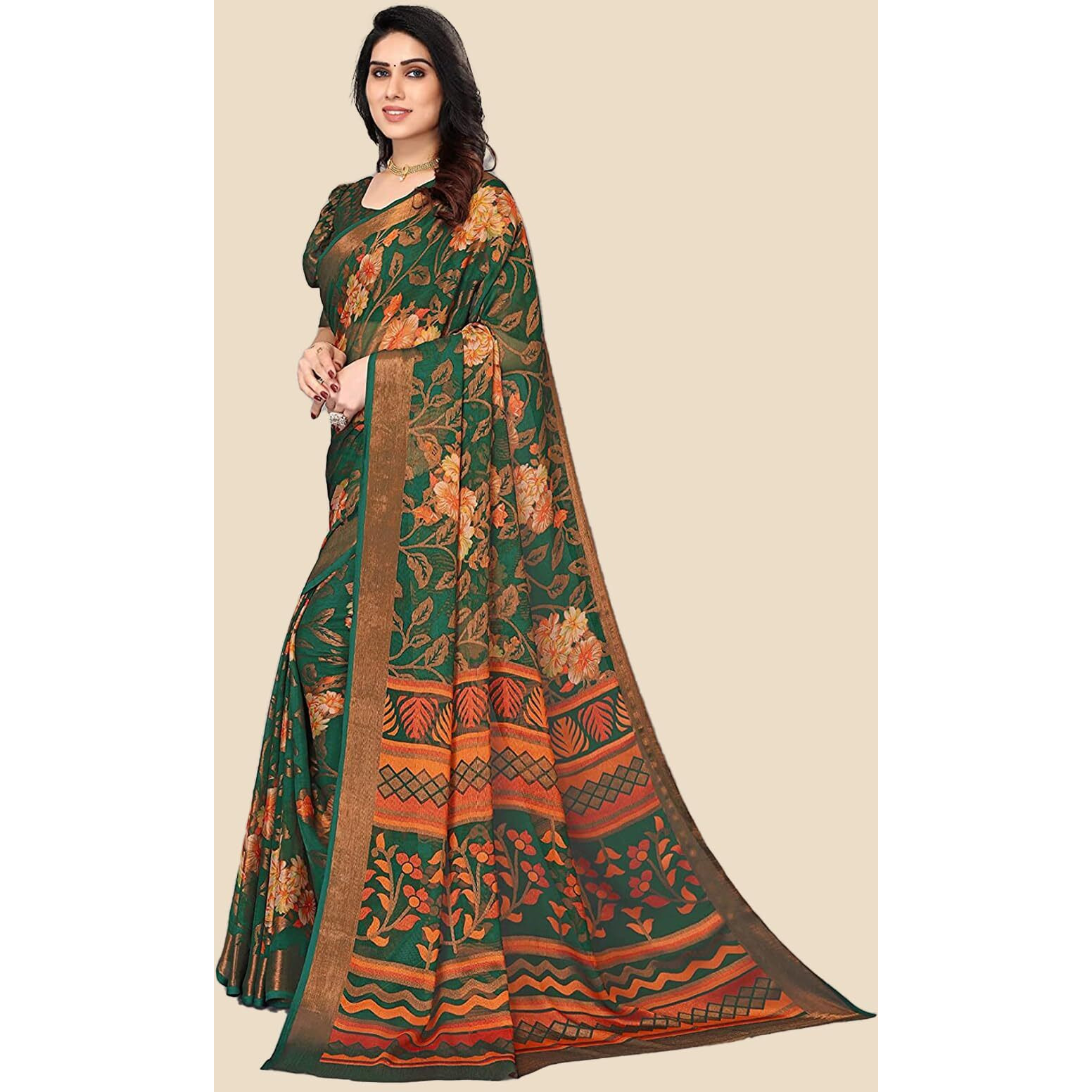 rangita Women Floral Printed Chiffon Saree With Blouse Piece, Green