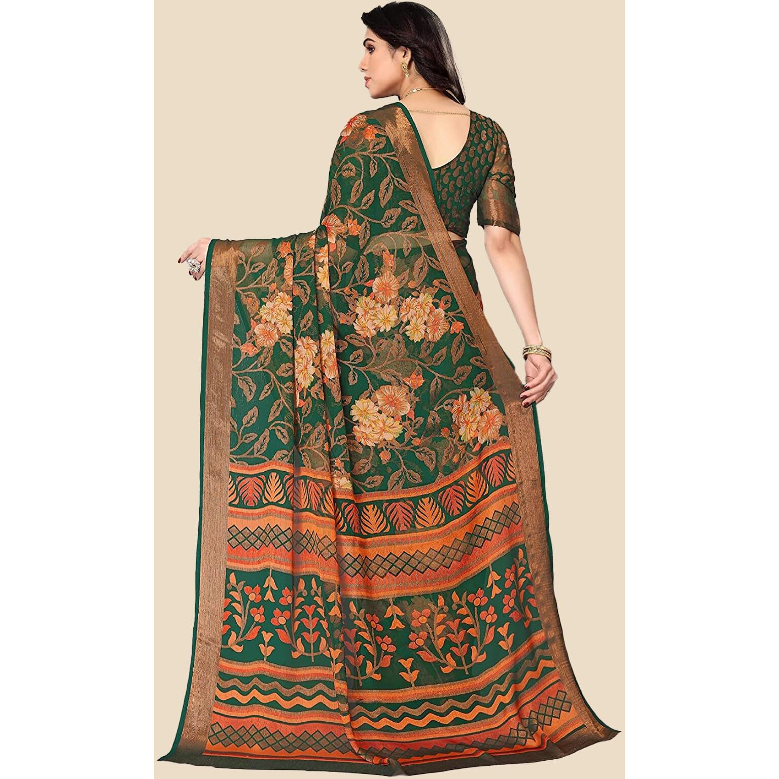 rangita Women Floral Printed Chiffon Saree With Blouse Piece, Green