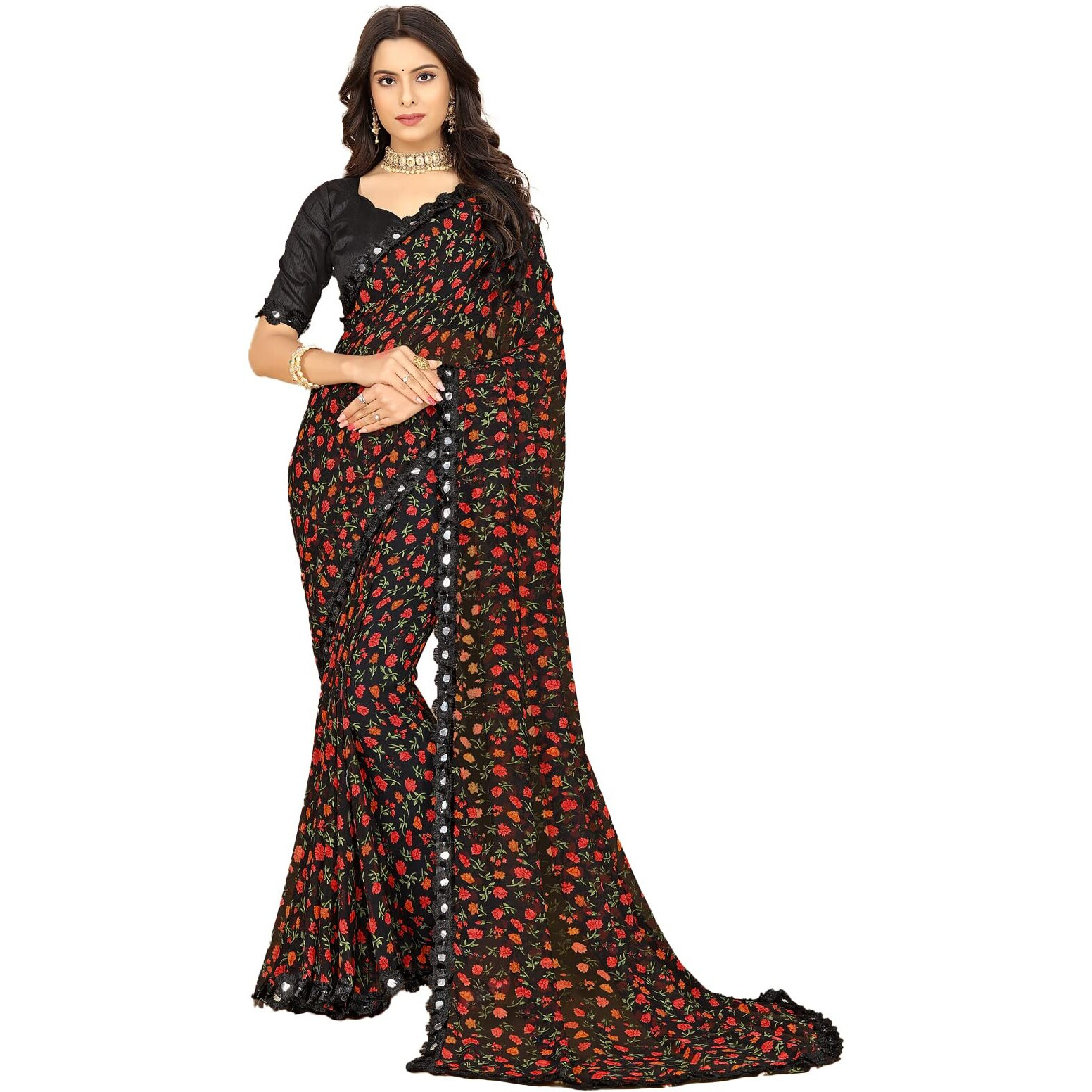 rangita Women Floral Printed Georgette Saree With Blouse Piece - Black (SIZE 5.5 MTR)