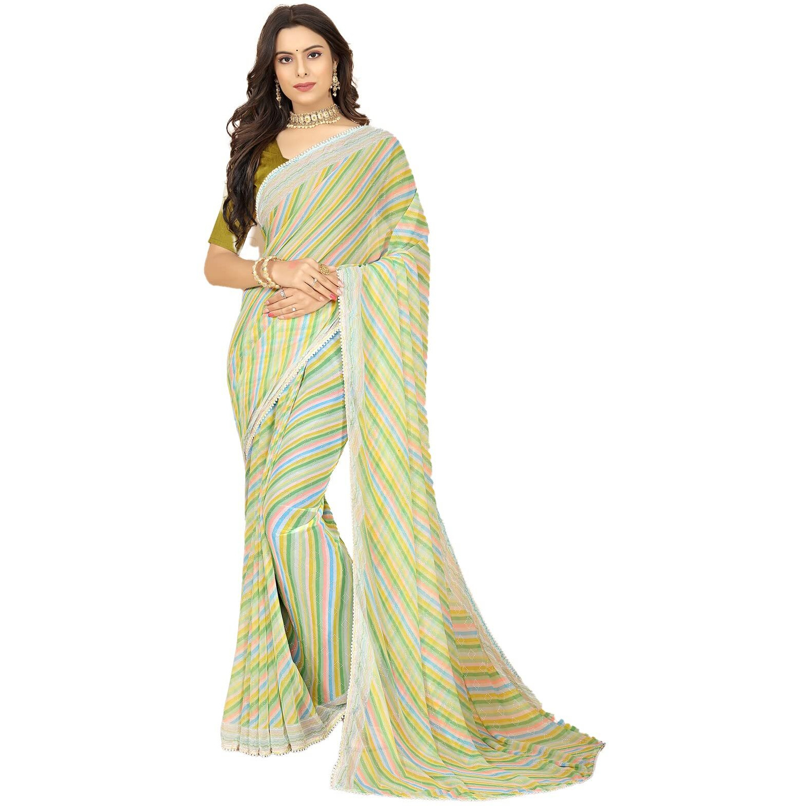 rangita Women Leheria Striped Georgette Saree With Blouse Piece - Green