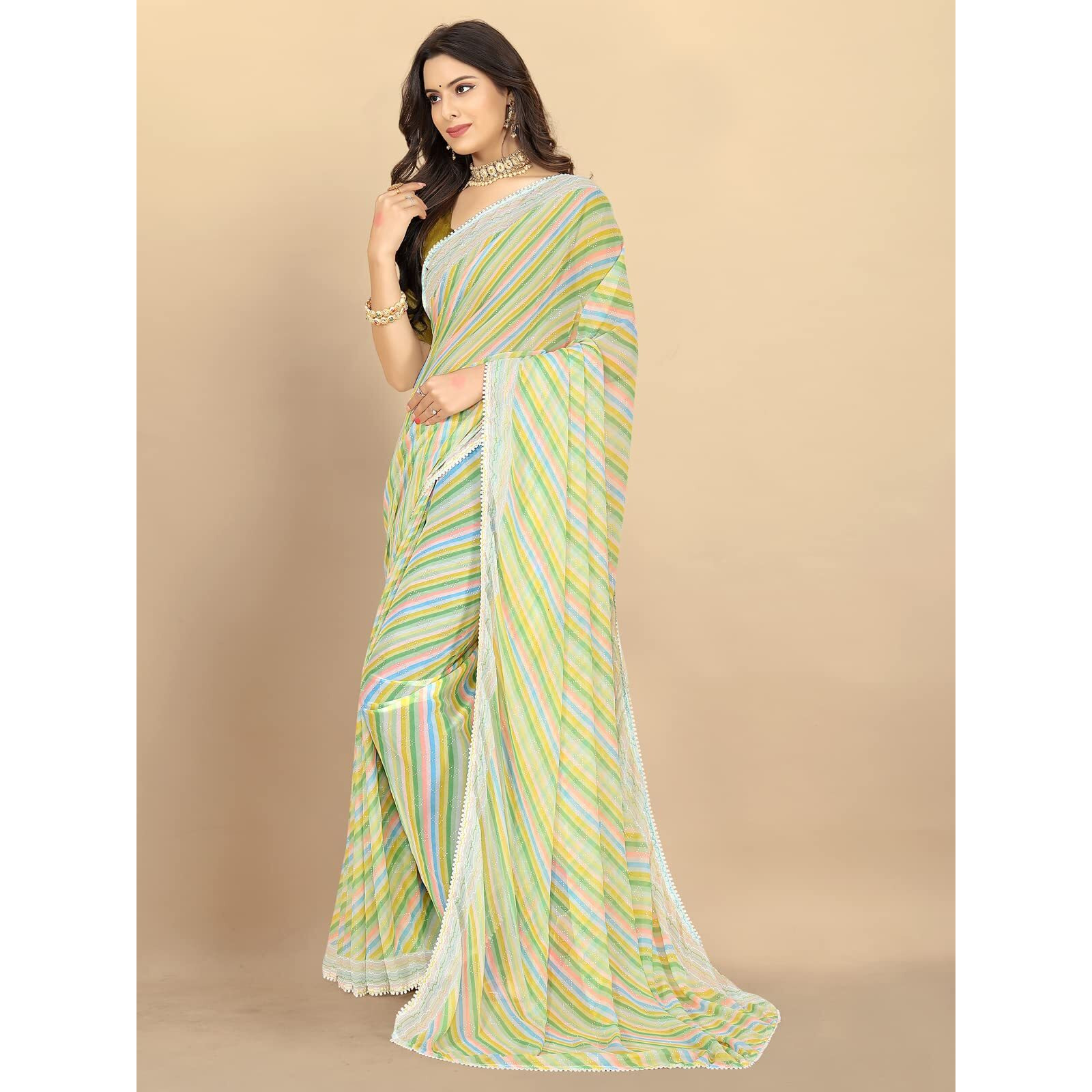 rangita Women Leheria Striped Georgette Saree With Blouse Piece - Green