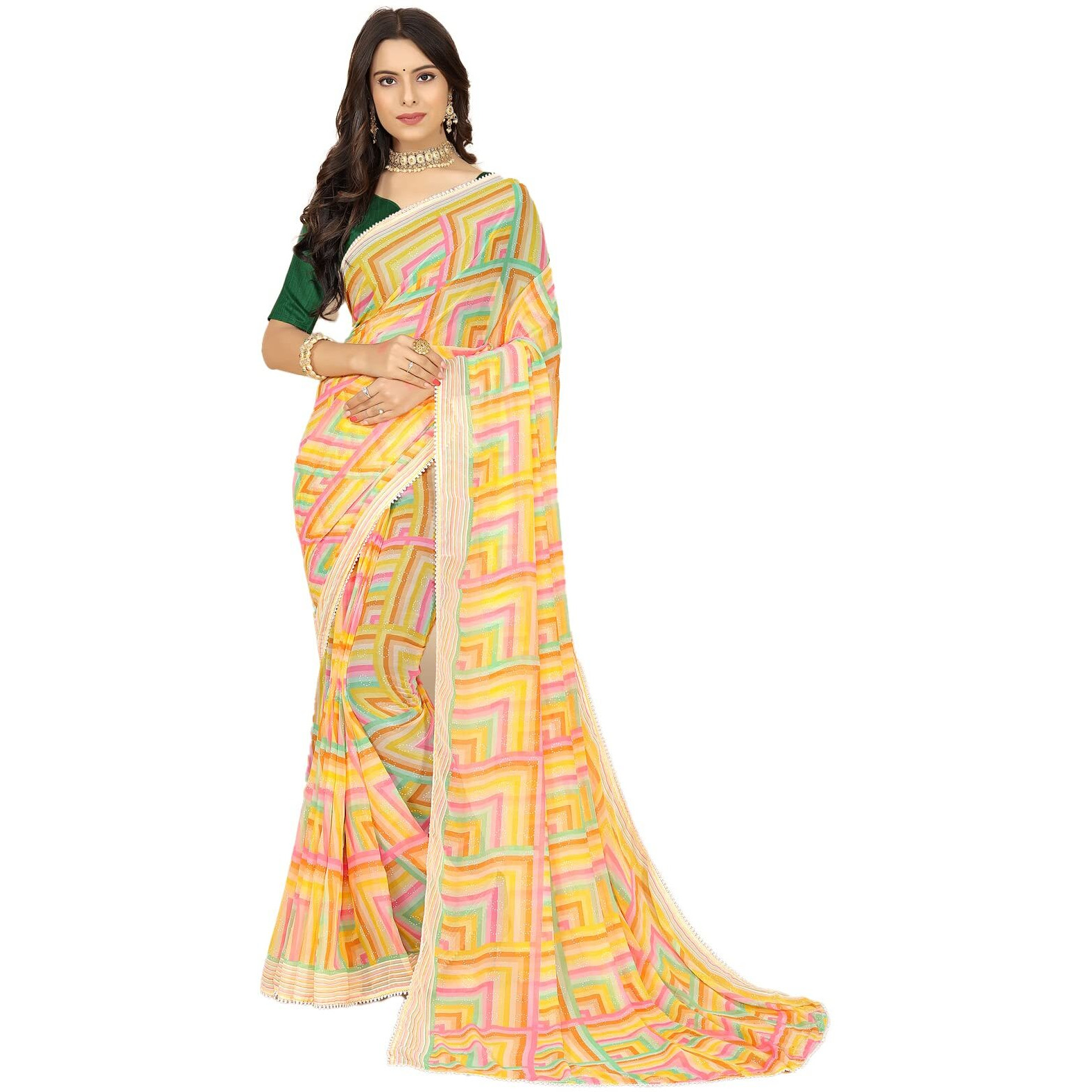 rangita Women Abstract Printed Georgette Saree With Blouse Piece - Yellow (SIZE 5.5 MTR)