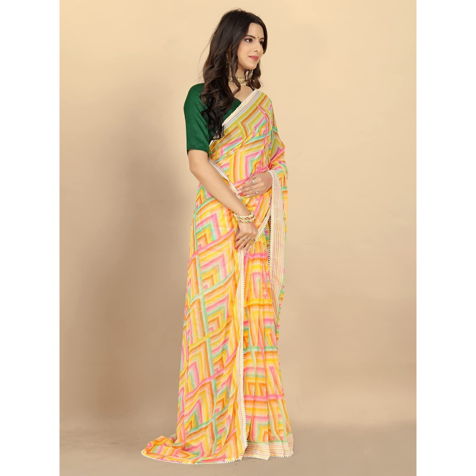 rangita Women Abstract Printed Georgette Saree With Blouse Piece - Yellow (SIZE 5.5 MTR)