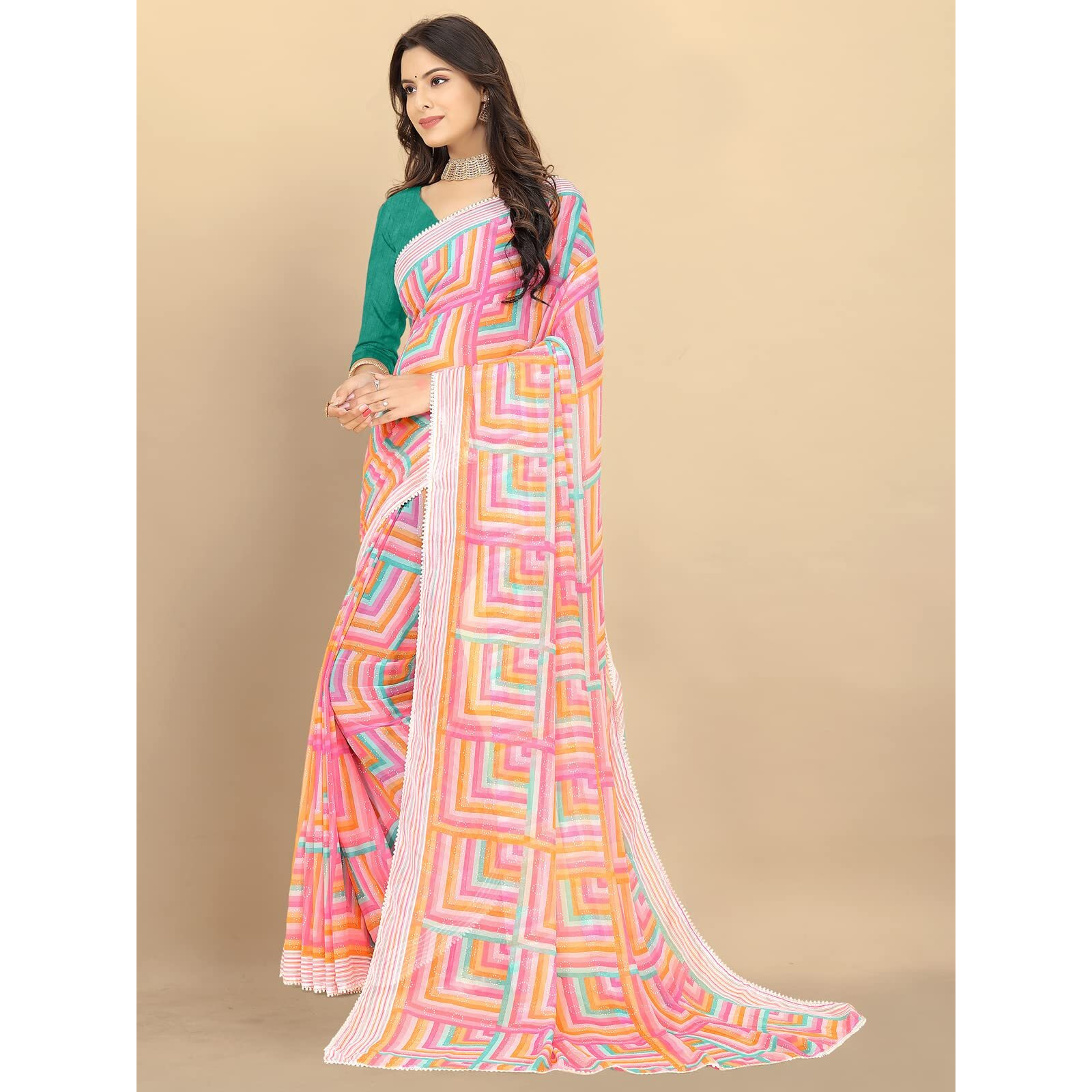 rangita Women Abstract Printed Georgette Saree With Blouse Piece - Pink,8905723224066