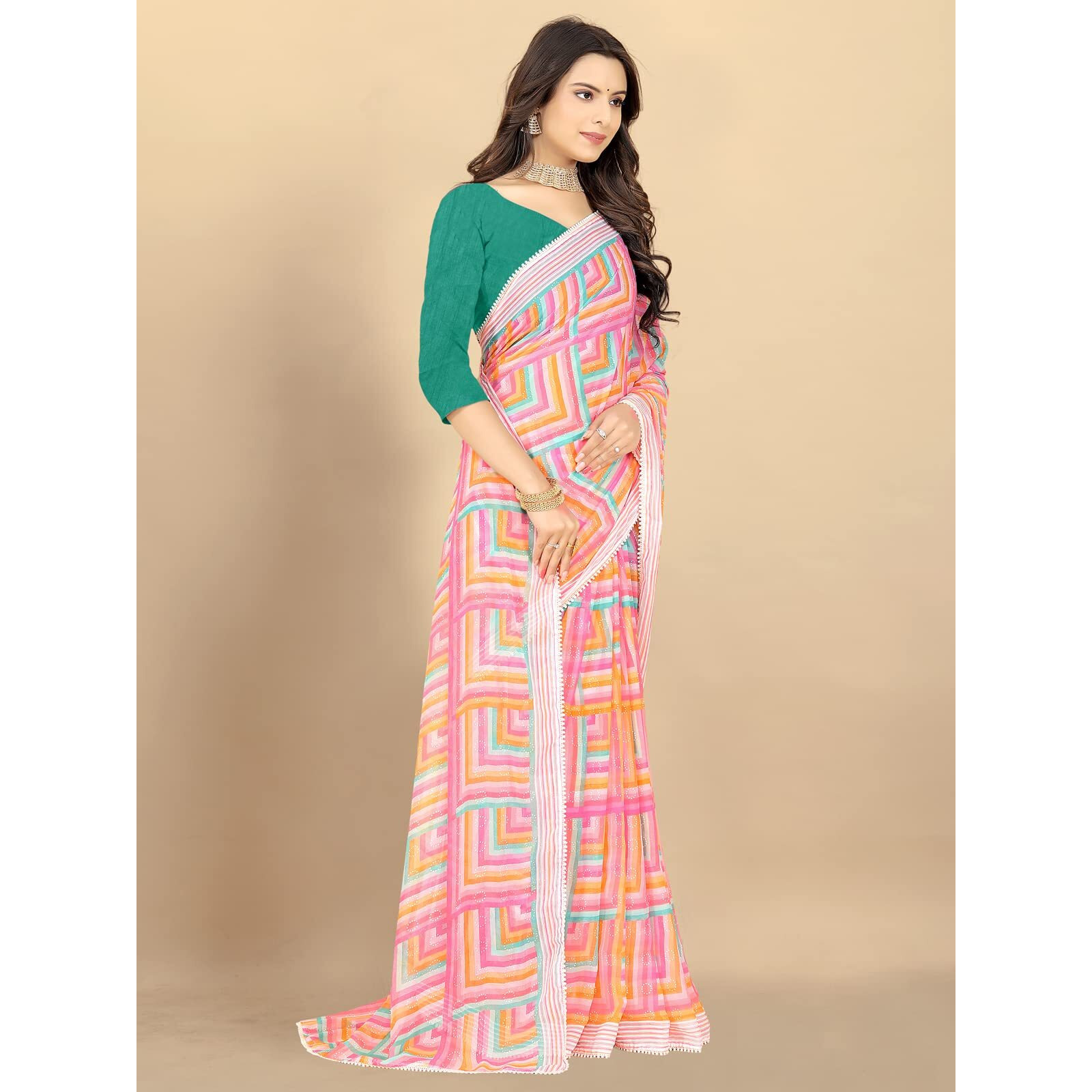 rangita Women Abstract Printed Georgette Saree With Blouse Piece - Pink,8905723224066