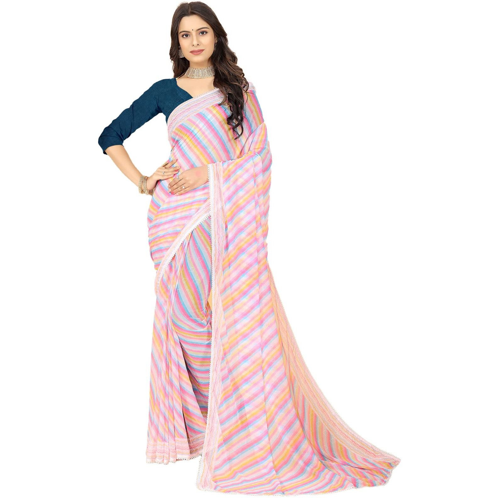 rangita Women Leheria Striped Georgette Saree With Blouse Piece - Pink (SIZE 5.5 MTR)