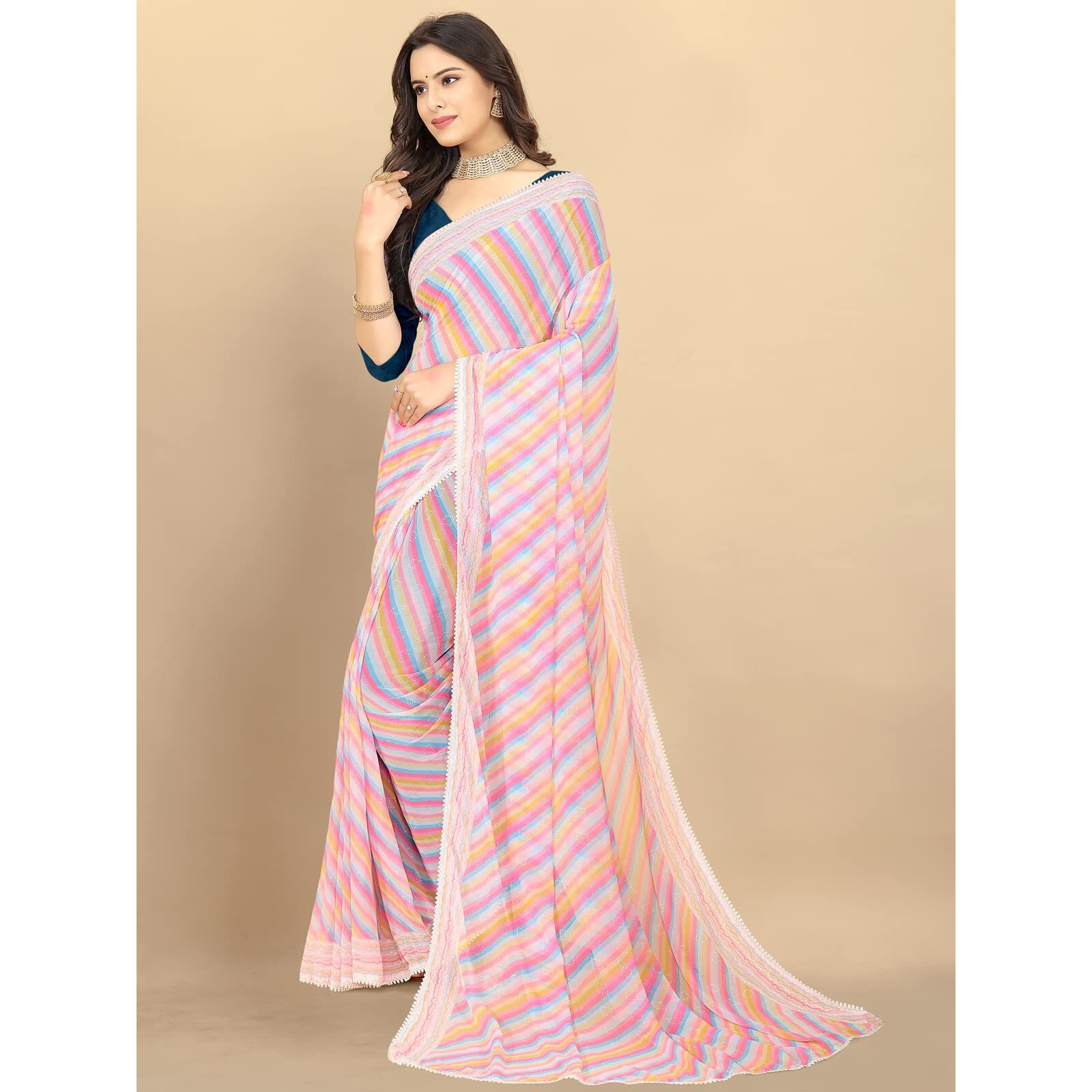 rangita Women Leheria Striped Georgette Saree With Blouse Piece - Pink (SIZE 5.5 MTR)