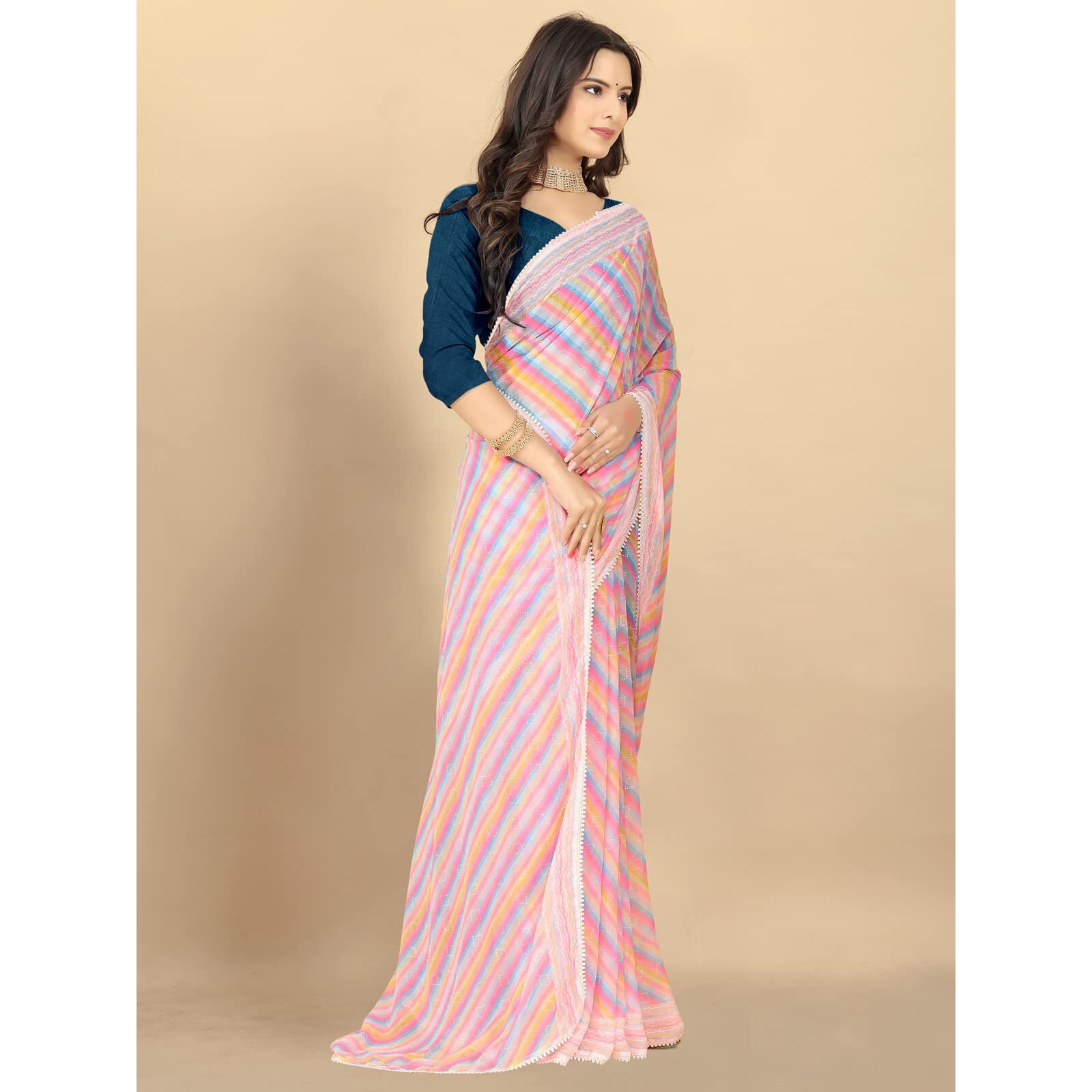 rangita Women Leheria Striped Georgette Saree With Blouse Piece - Pink (SIZE 5.5 MTR)