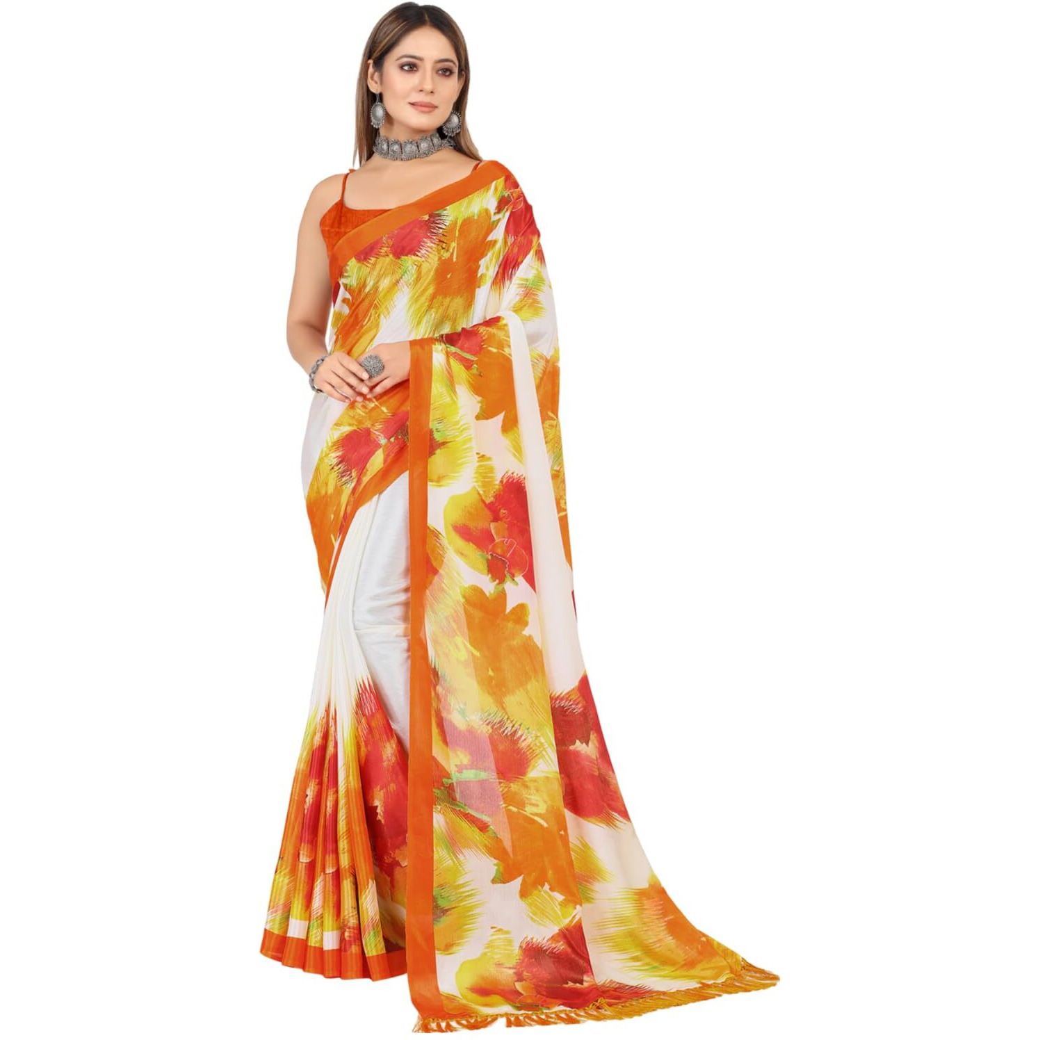 rangita Women Abstract Printed Chiffon Saree With Blouse Piece -Orange