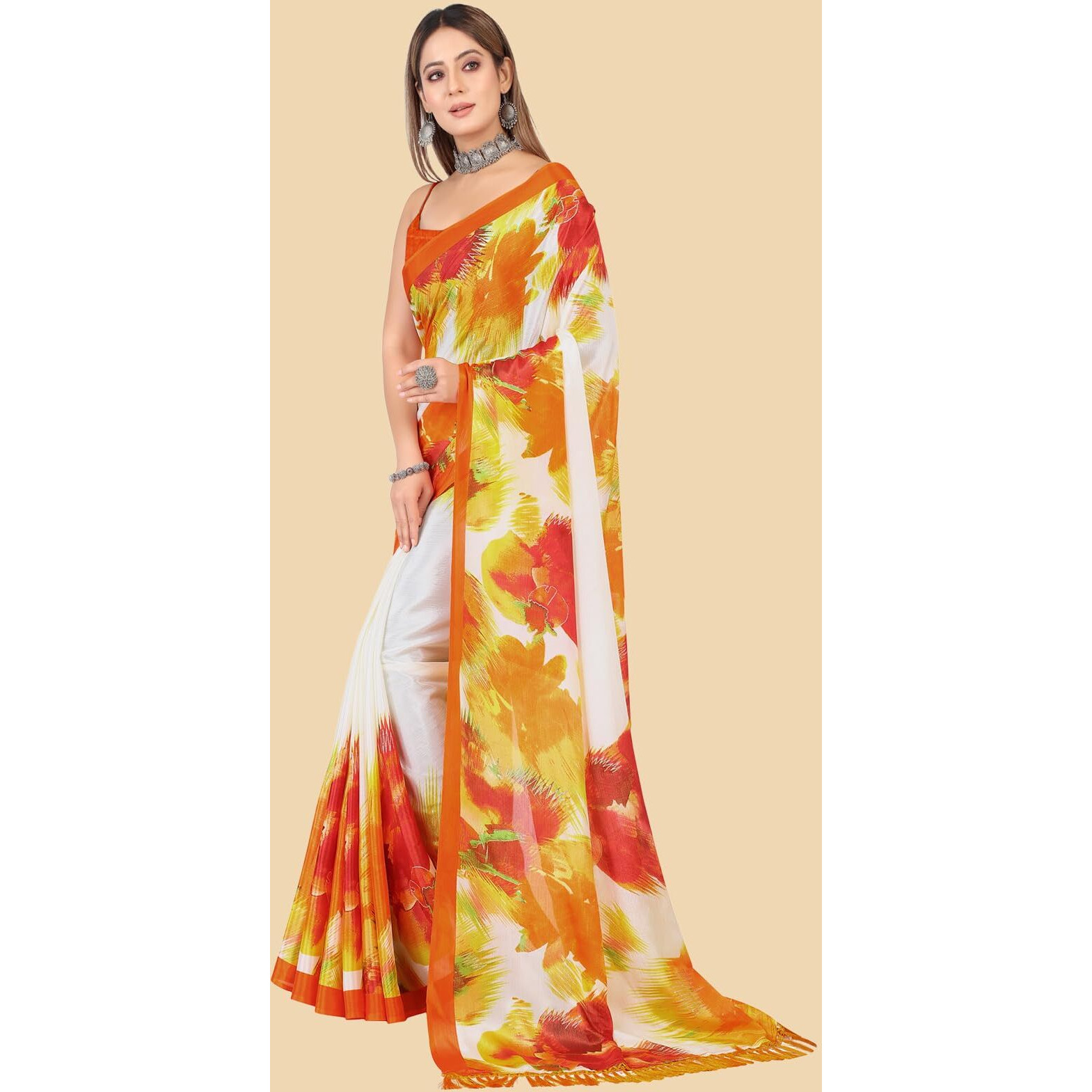 rangita Women Abstract Printed Chiffon Saree With Blouse Piece -Orange