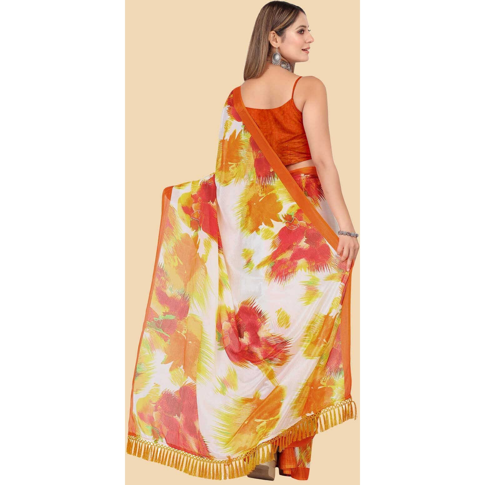 rangita Women Abstract Printed Chiffon Saree With Blouse Piece -Orange