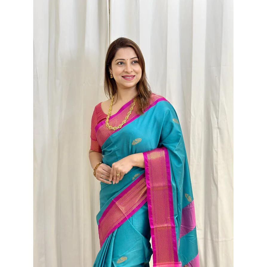 SGF11 Womens Kanjivaram Soft Lichi Silk Saree With Blouse Piece (Light Blue Pink)