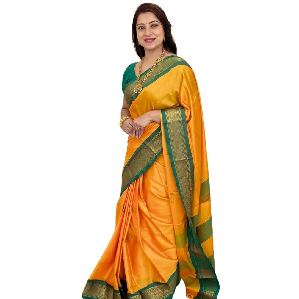 SGF11 Womens Kanjivaram Soft Lichi Silk Saree With Blouse Piece (Yellow Green)