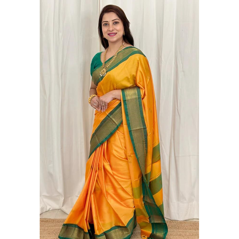 SGF11 Womens Kanjivaram Soft Lichi Silk Saree With Blouse Piece (Yellow Green)