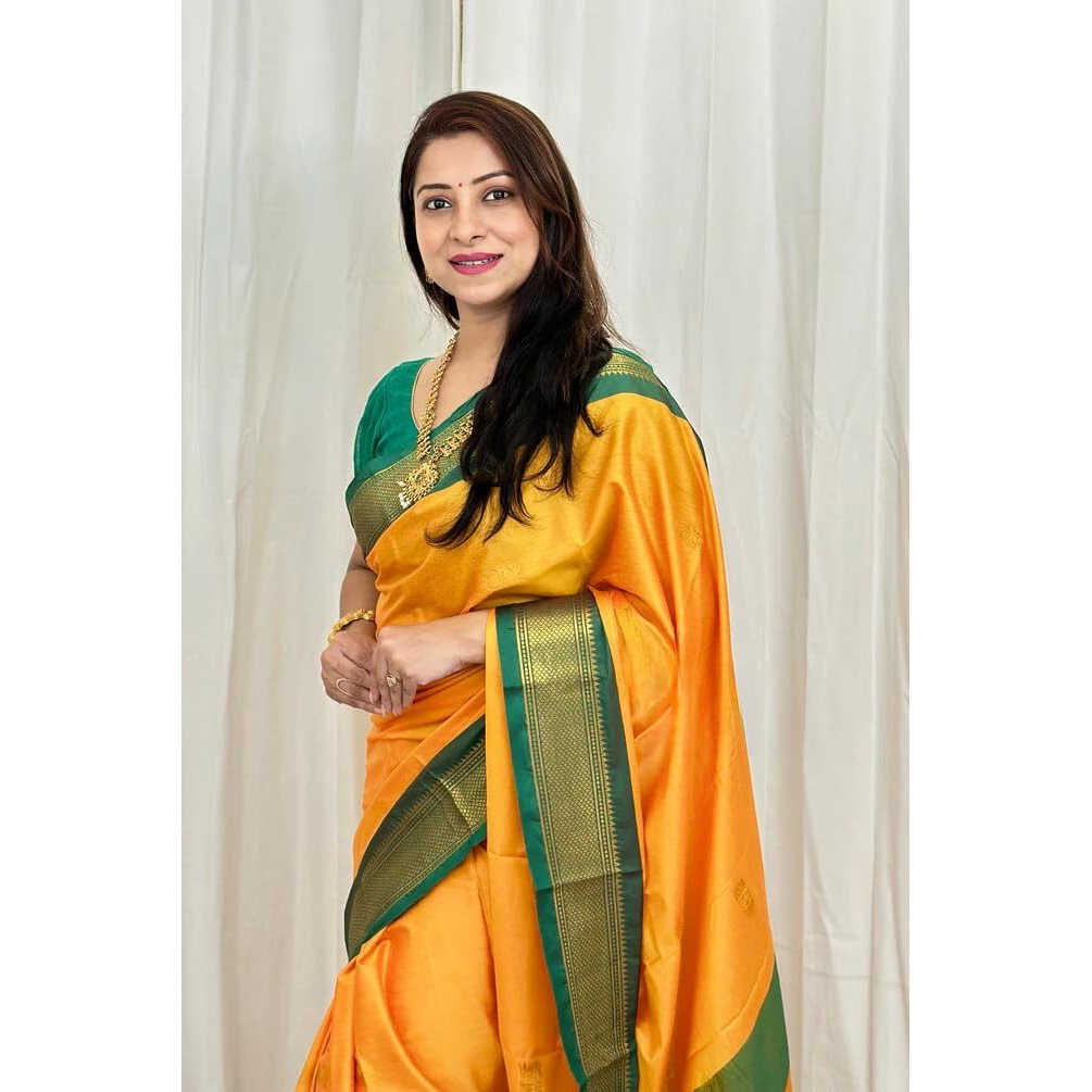 SGF11 Womens Kanjivaram Soft Lichi Silk Saree With Blouse Piece (Yellow Green)