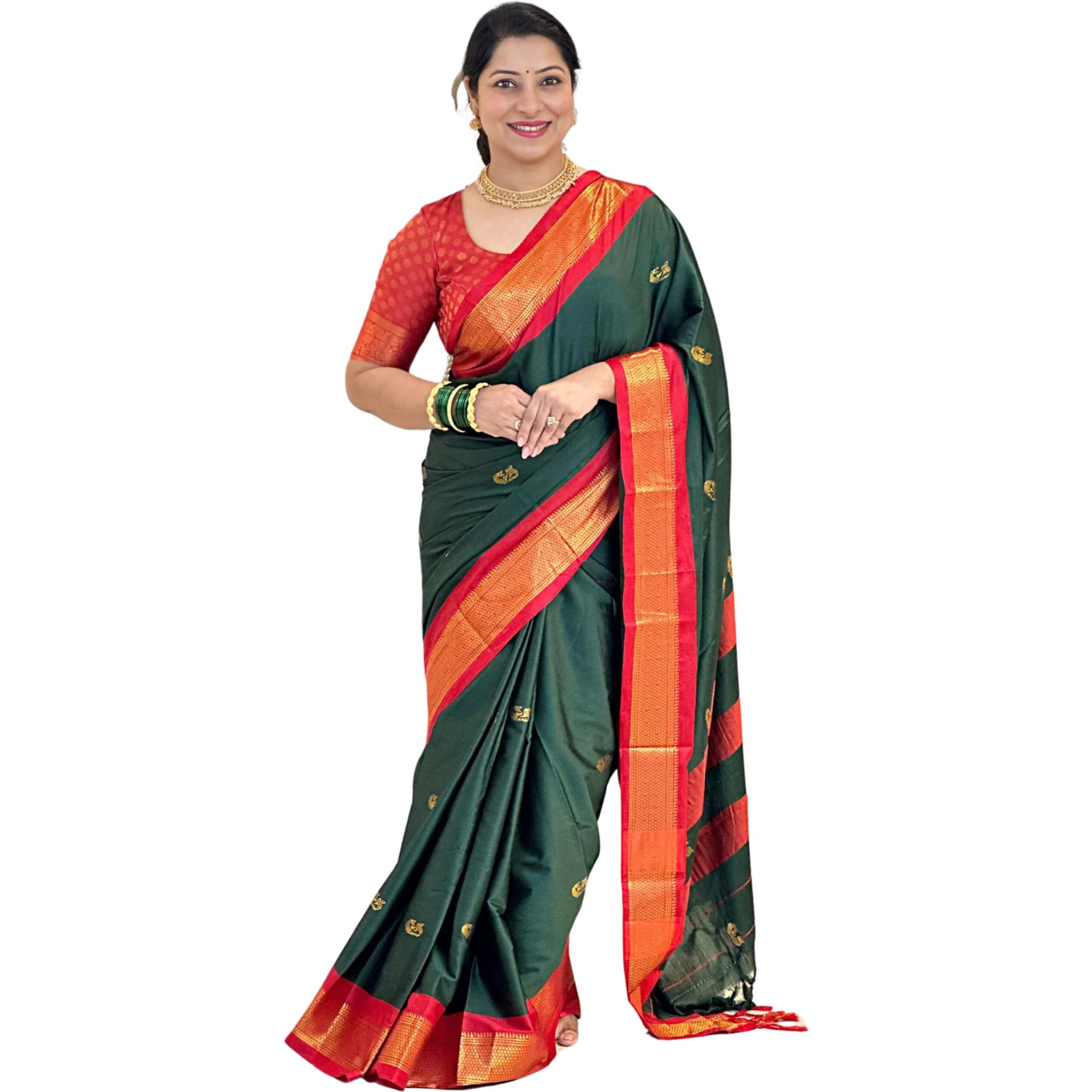 SGF11 Womens Kanjivaram Soft Lichi Silk Saree With Blouse Piece (Dark Green Red)