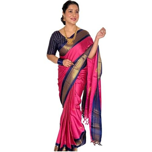 SGF11 Womens Kanjivaram Soft Lichi Silk Saree With Blouse Piece (Pink Blue)