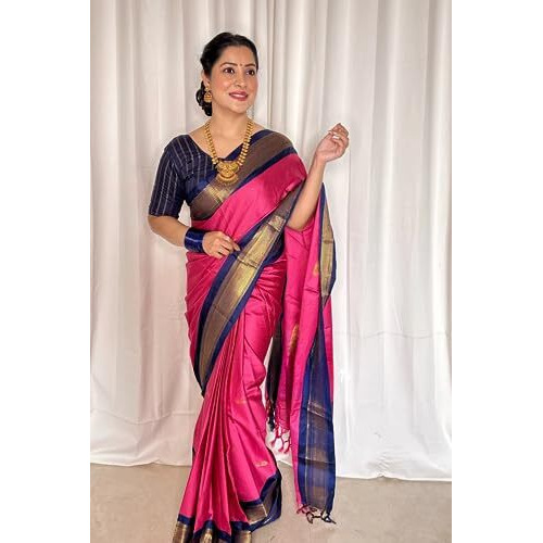 SGF11 Womens Kanjivaram Soft Lichi Silk Saree With Blouse Piece (Pink Blue)