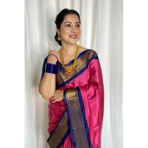 SGF11 Womens Kanjivaram Soft Lichi Silk Saree With Blouse Piece (Pink Blue)