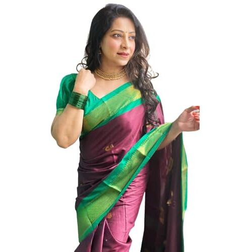 SGF11 Womens Kanjivaram Soft Lichi Silk Saree With Blouse Piece (Purple Green)