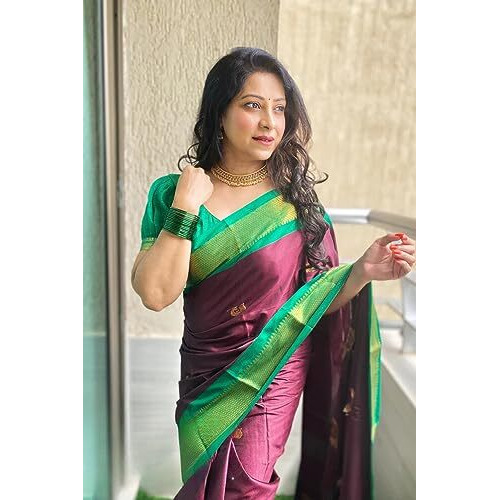 SGF11 Womens Kanjivaram Soft Lichi Silk Saree With Blouse Piece (Purple Green)