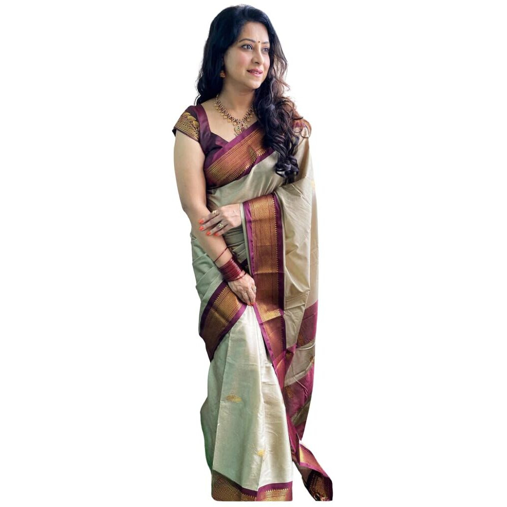 SGF11 Womens Kanjivaram Soft Lichi Silk Saree With Blouse Piece (Cream Brown)