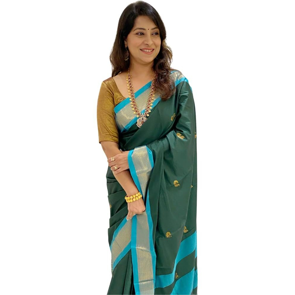 SGF11 Womens Kanjivaram Soft Lichi Silk Saree With Blouse Piece (Green Blue)