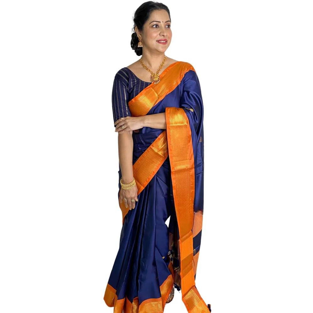 SGF11 Womens Kanjivaram Soft Lichi Silk Saree With Blouse Piece (Blue Orange)