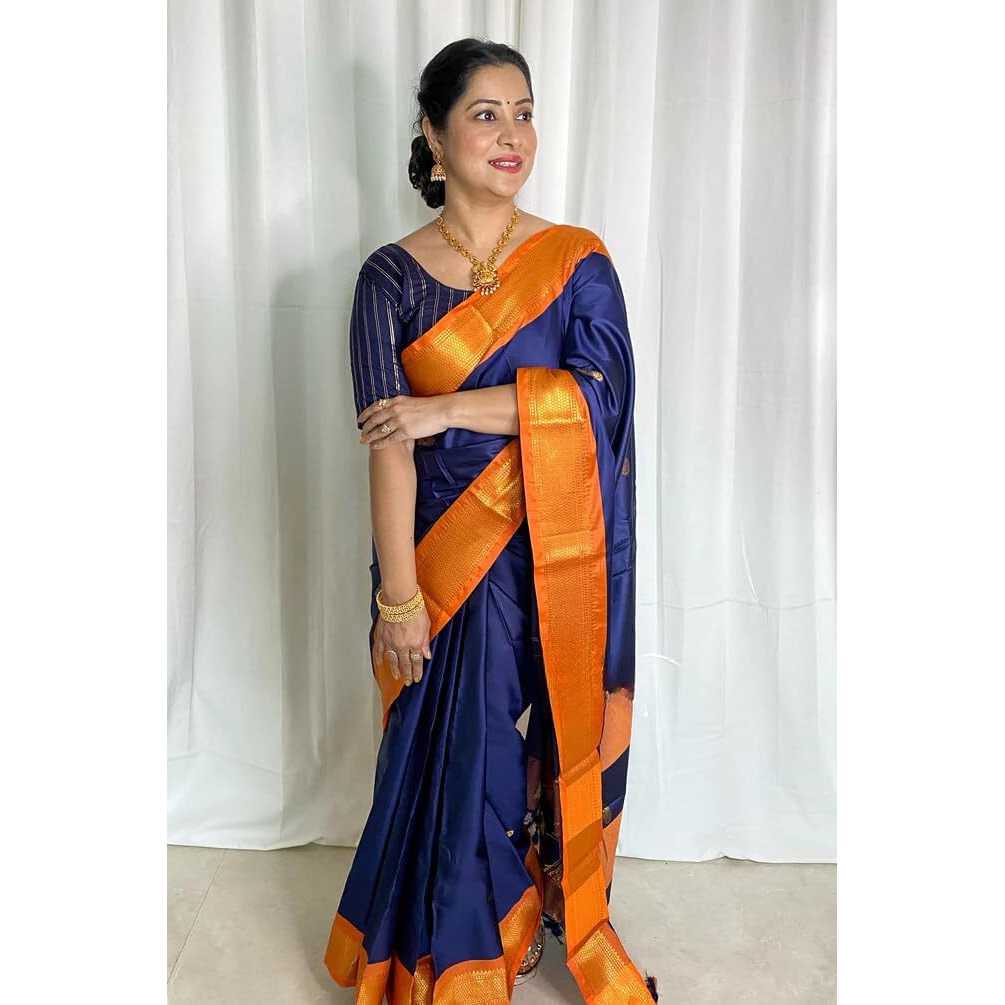 SGF11 Womens Kanjivaram Soft Lichi Silk Saree With Blouse Piece (Blue Orange)