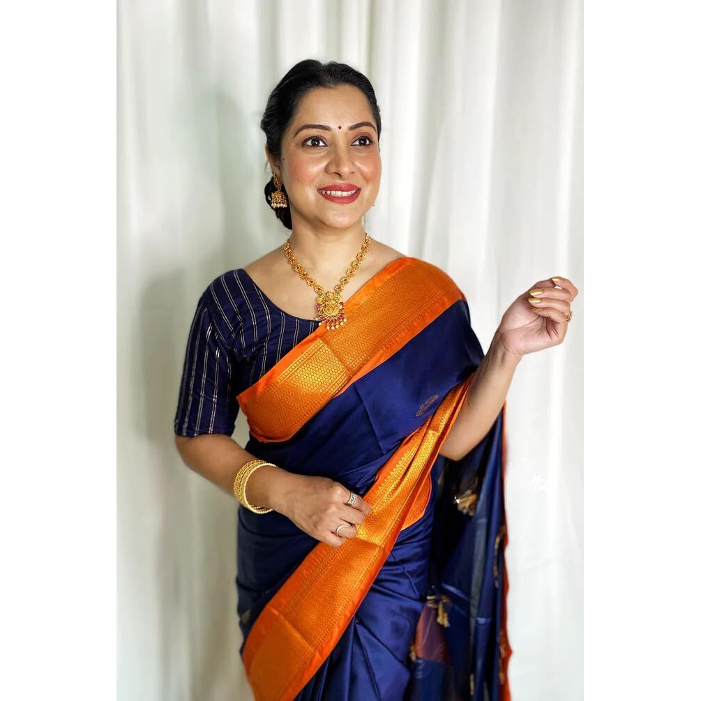 SGF11 Womens Kanjivaram Soft Lichi Silk Saree With Blouse Piece (Blue Orange)