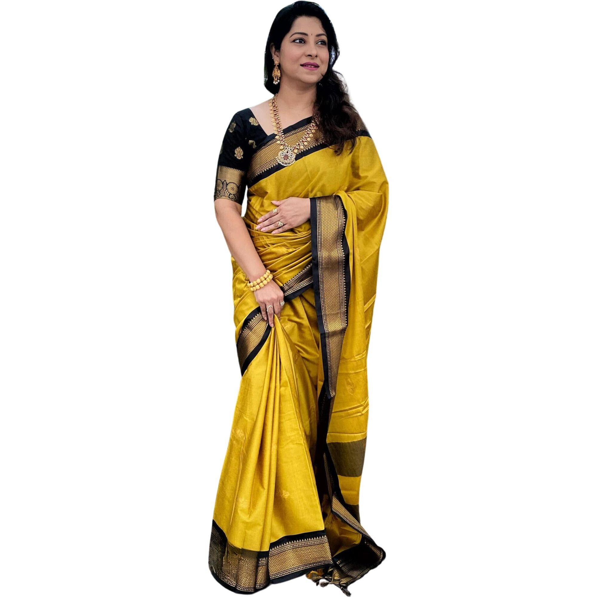 SGF11 Womens Kanjivaram Soft Lichi Silk Saree With Blouse Piece (Yellow Black)