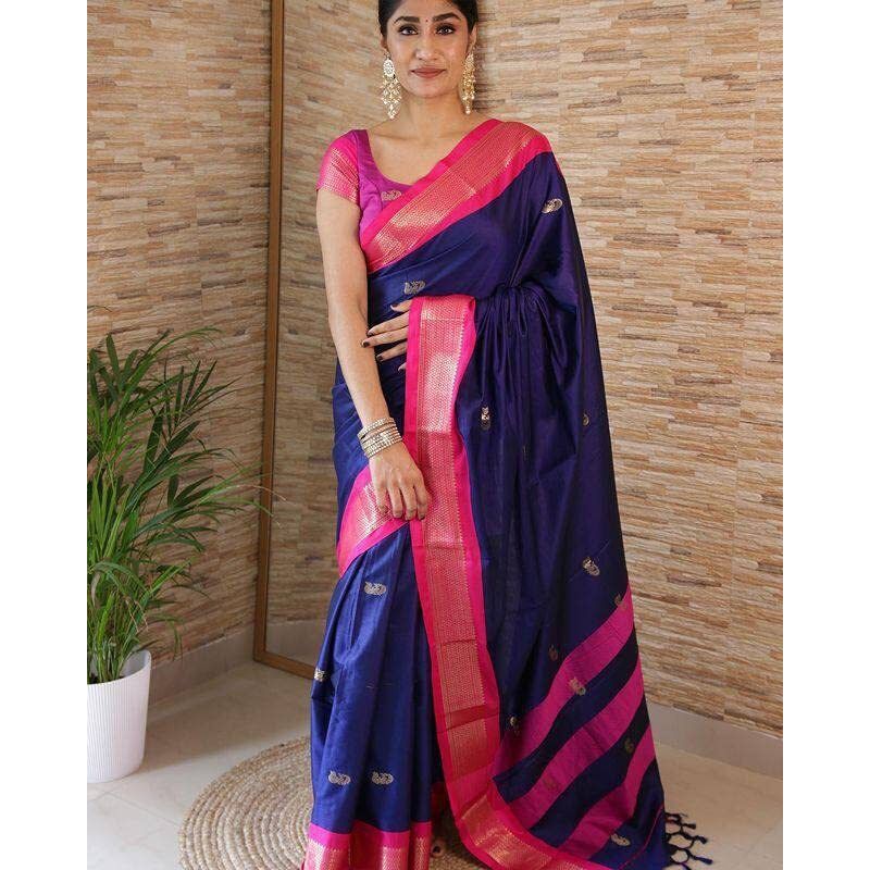 SGF11 Womens Kanjivaram Soft Lichi Silk Saree With Blouse Piece (Dark Blue 02)