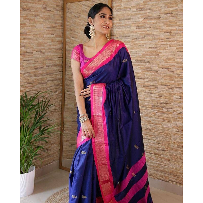 SGF11 Womens Kanjivaram Soft Lichi Silk Saree With Blouse Piece (Dark Blue 02)