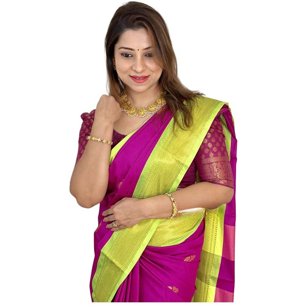 SGF11 Womens Kanjivaram Soft Lichi Silk Saree With Blouse Piece (Purple Yellow)