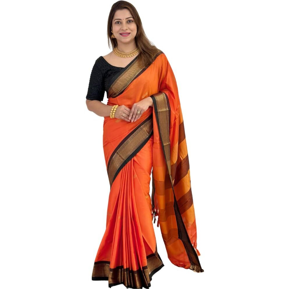 SGF11 Womens Kanjivaram Soft Lichi Silk Saree With Blouse Piece (Orange Black)