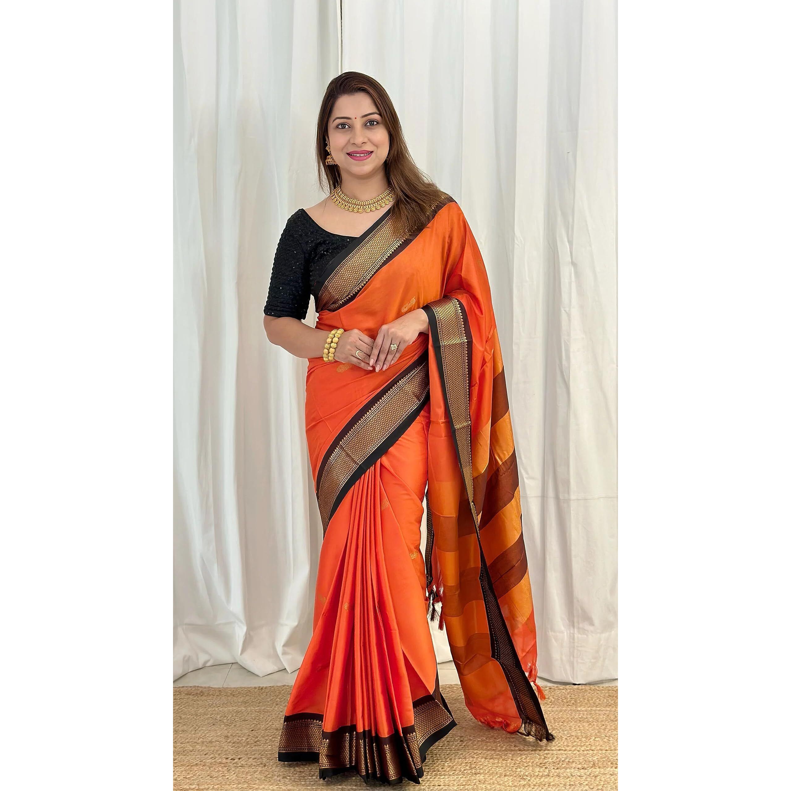 SGF11 Womens Kanjivaram Soft Lichi Silk Saree With Blouse Piece (Orange Black)