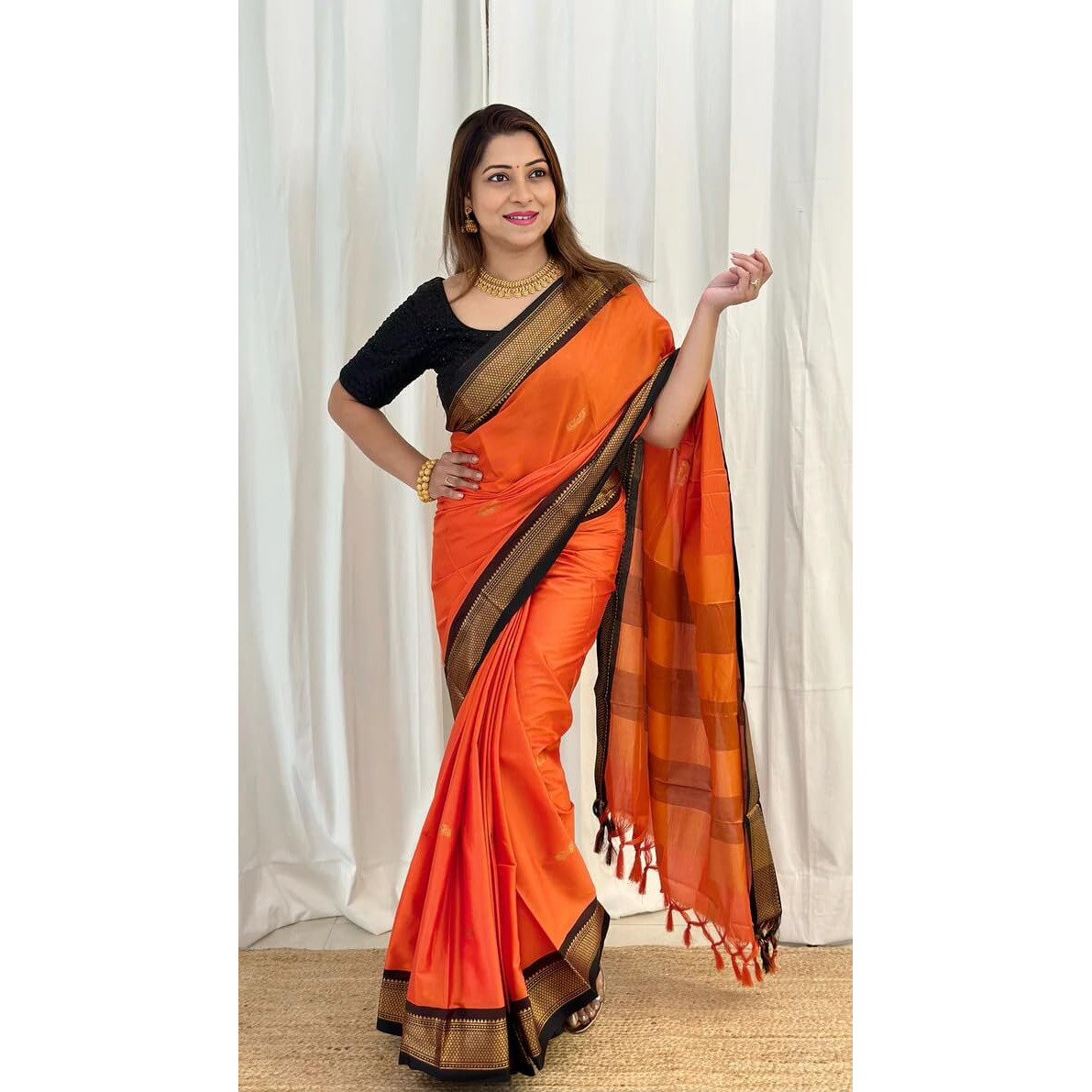 SGF11 Womens Kanjivaram Soft Lichi Silk Saree With Blouse Piece (Orange Black)