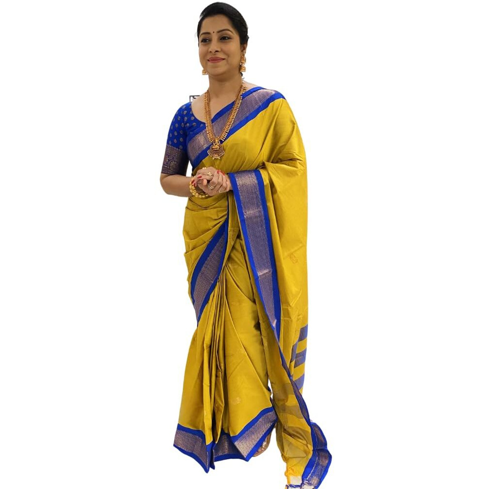 SGF11 Womens Kanjivaram Soft Lichi Silk Saree With Blouse Piece (Yellow Blue)