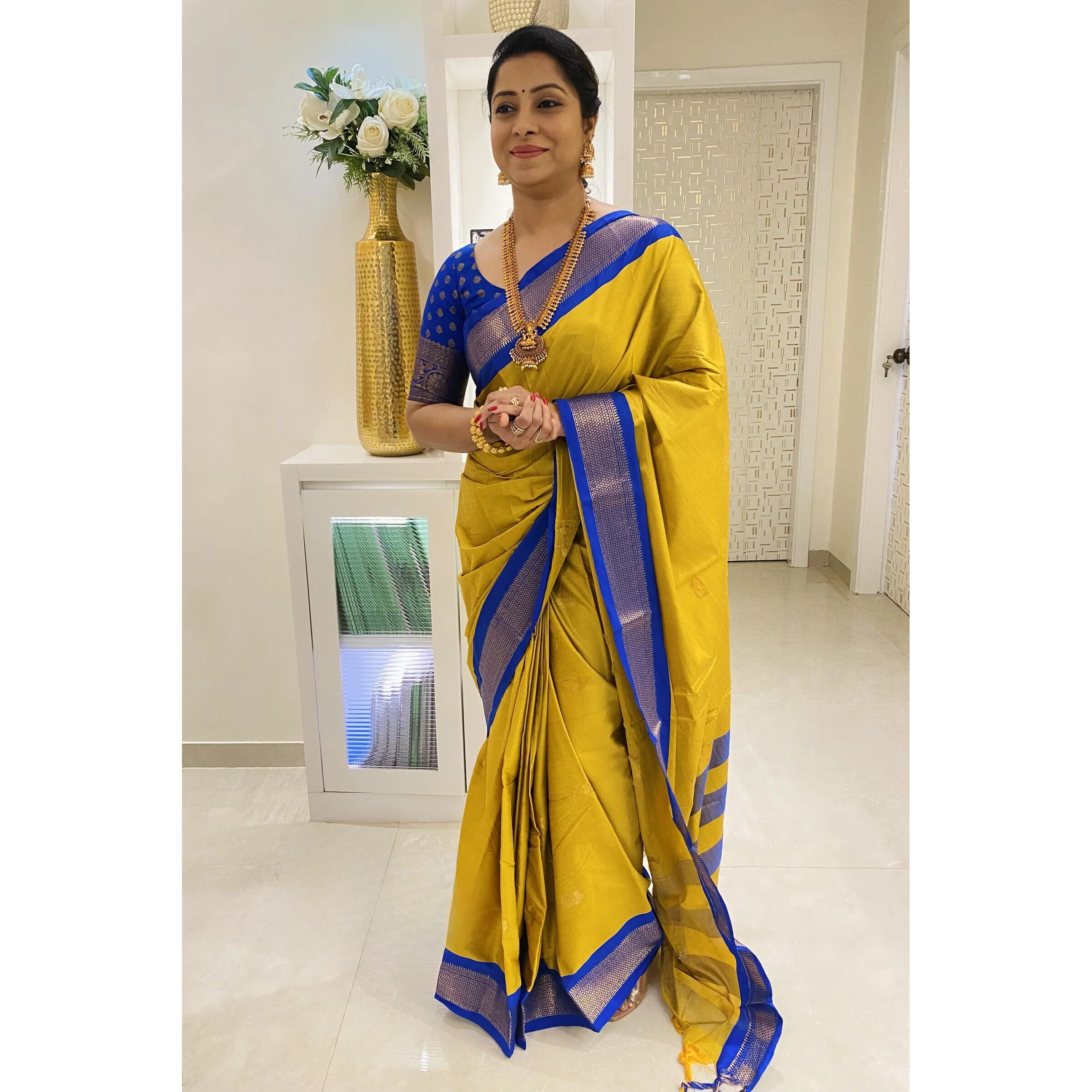 SGF11 Womens Kanjivaram Soft Lichi Silk Saree With Blouse Piece (Yellow Blue)