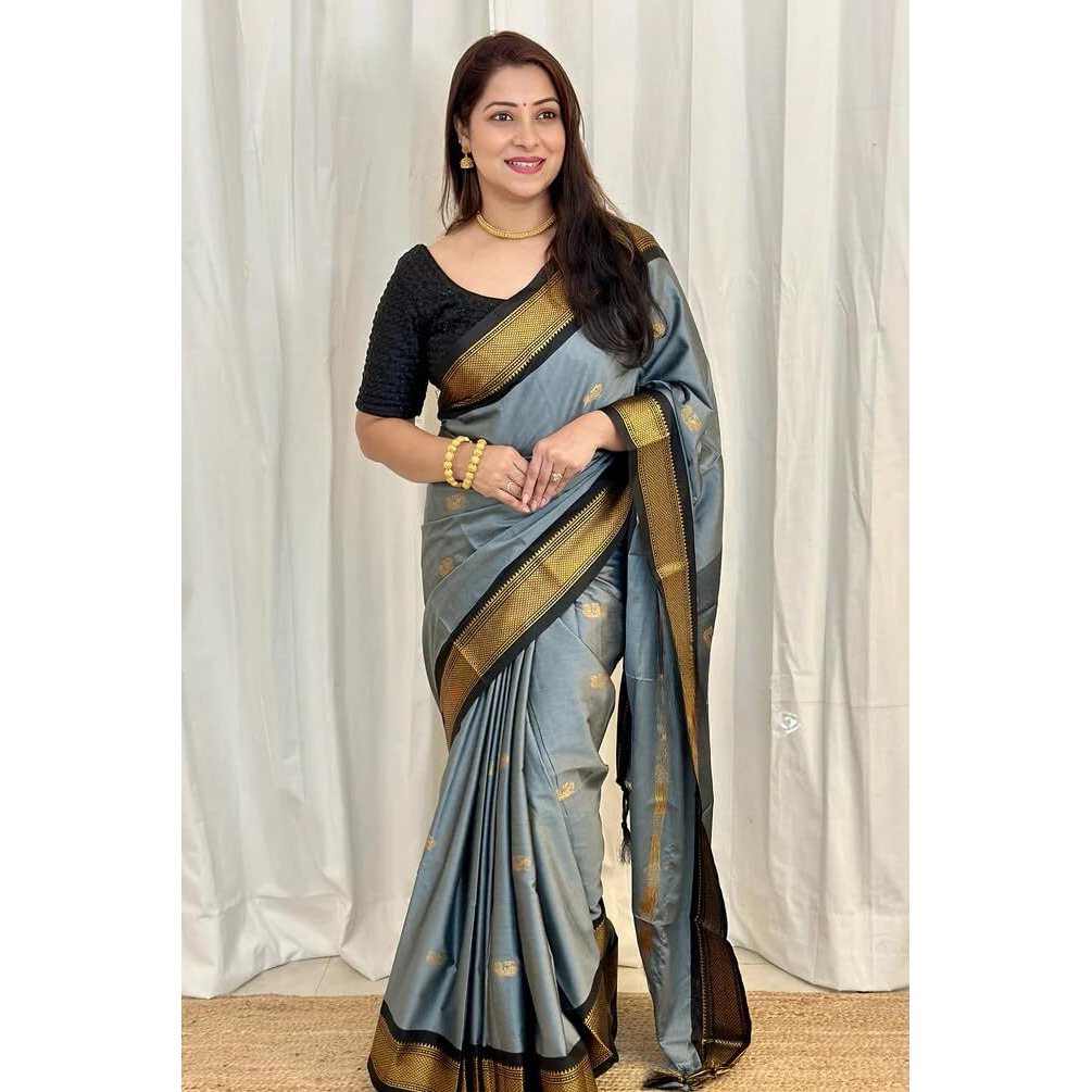 SGF11 Womens Kanjivaram Soft Lichi Silk Saree With Blouse Piece (Grey Black)