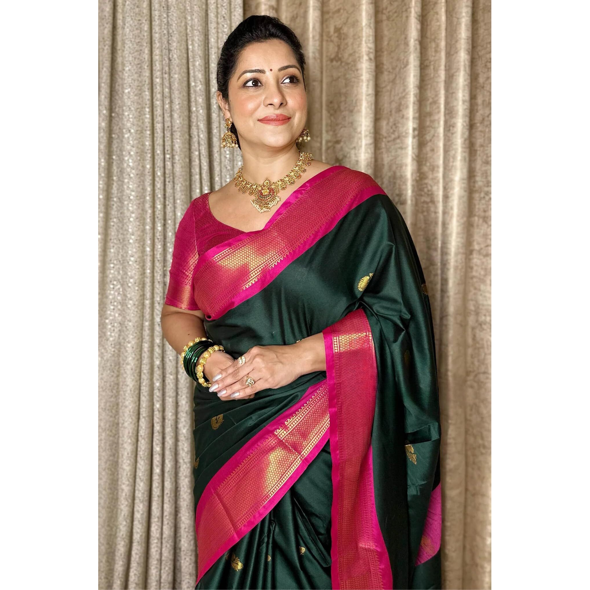 SGF11 Womens Kanjivaram Soft Lichi Silk Saree With Blouse Piece (Dark Green Pink)