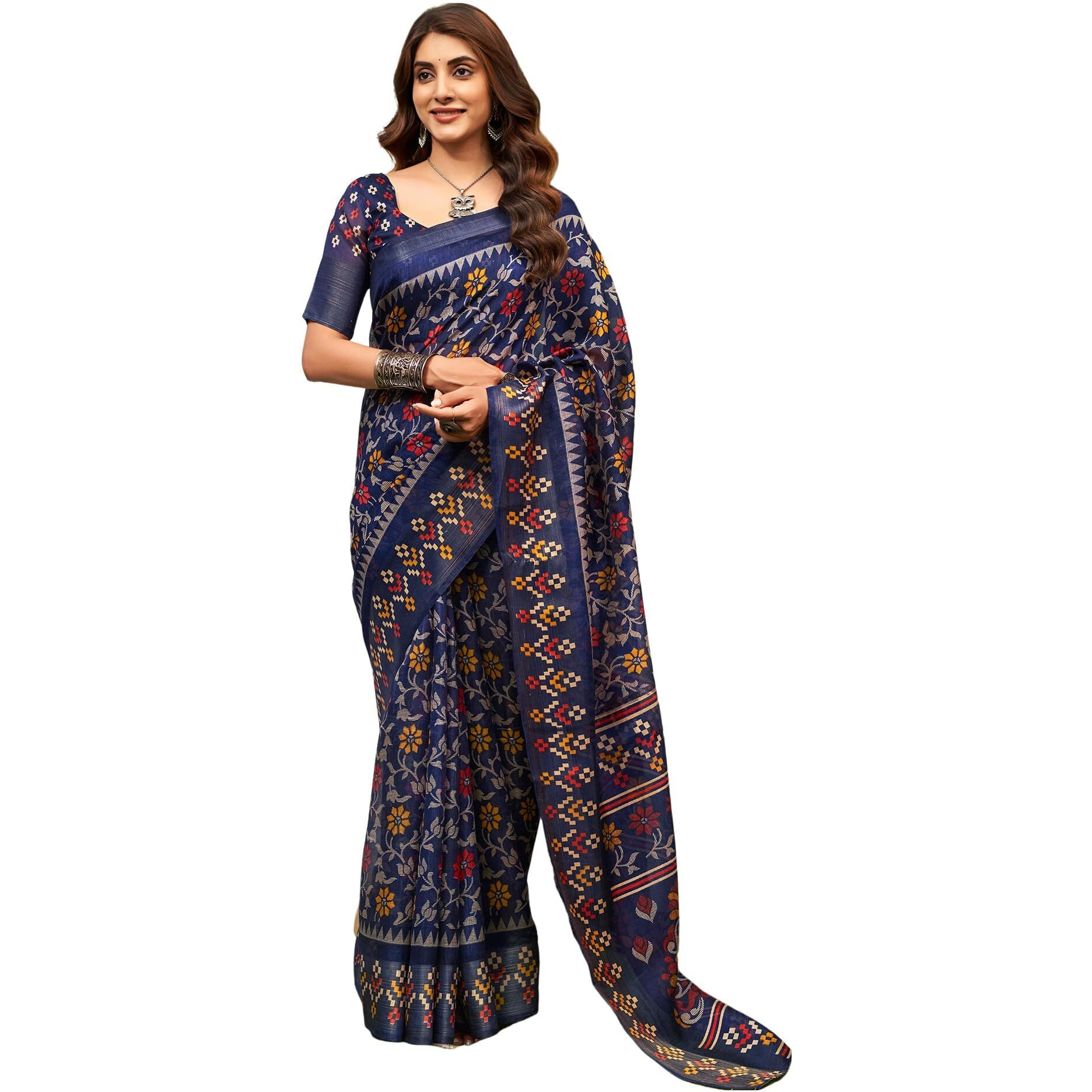 SIRIL Womens Cotton Blend Floral Printed Zari Stripe Border Saree With Unstitched Blouse Piece (3771S158_Navy Blue)