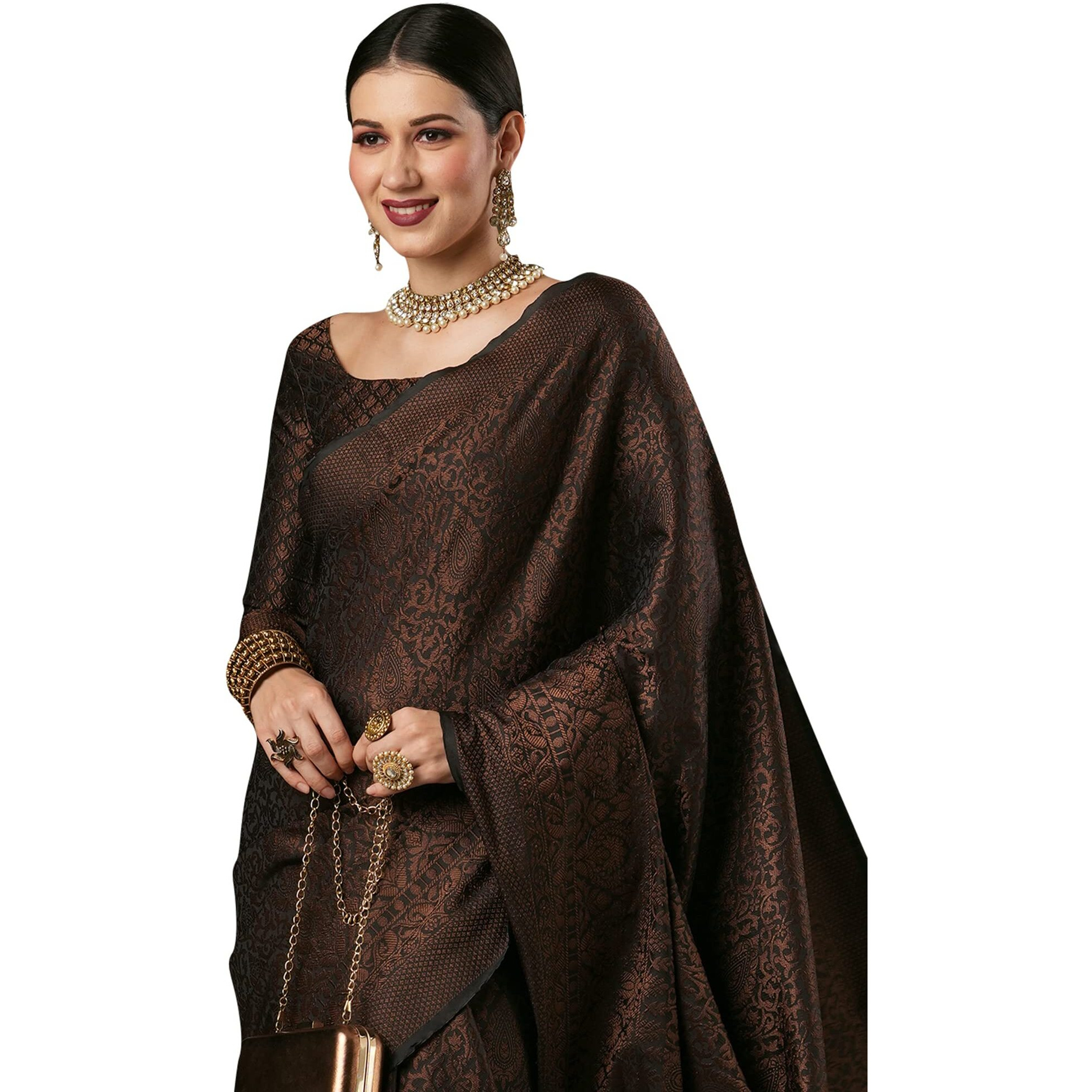 AKHILAM Womens Woven Design Zari Work Banarasi SIlk Saree With Unstitched Blouse Piece (Black_SOHNA2004)