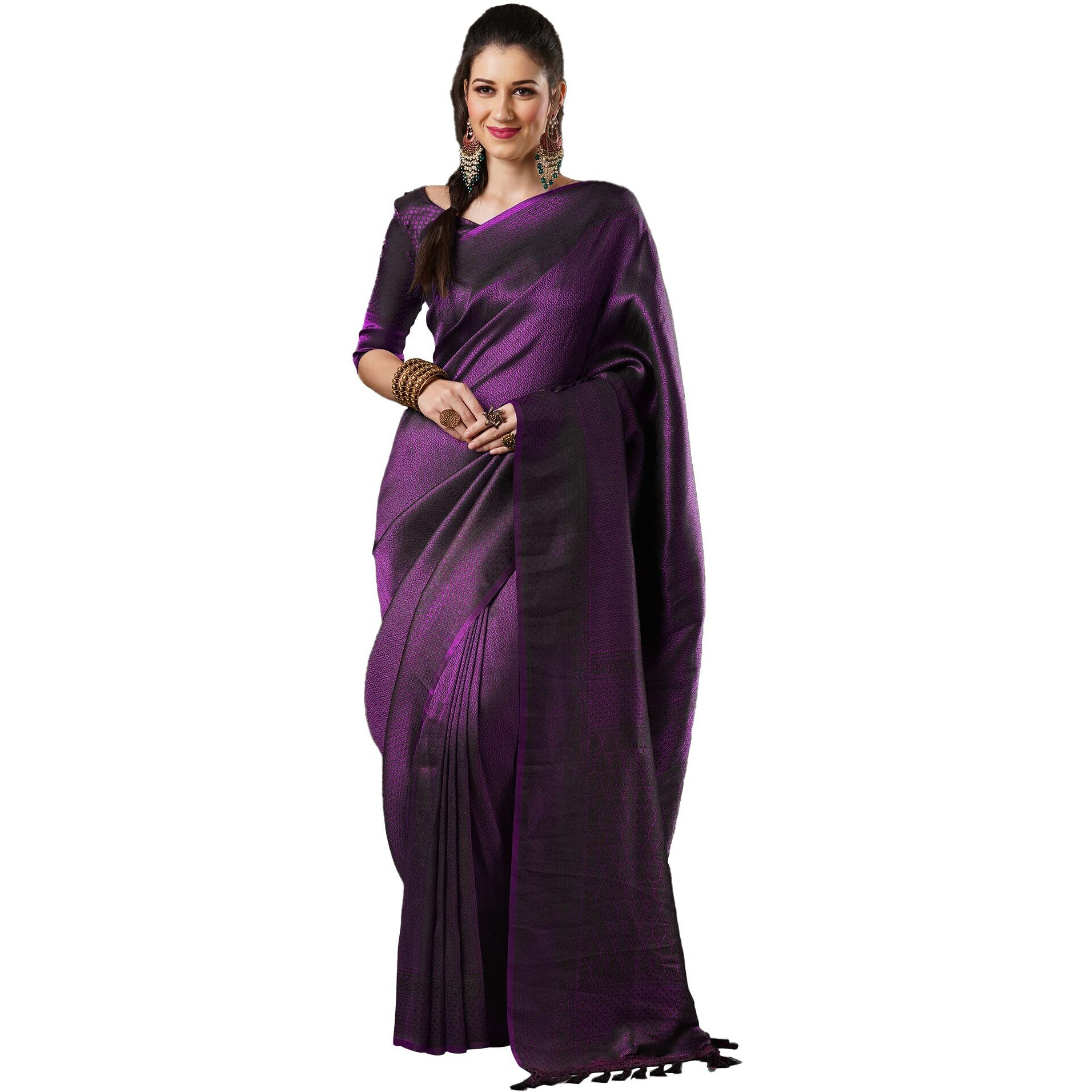 AKHILAM Womens Woven Design Kanjivaram Silk Saree With Unstitched Blouse Piece (Purple_8ALEKHA8004)