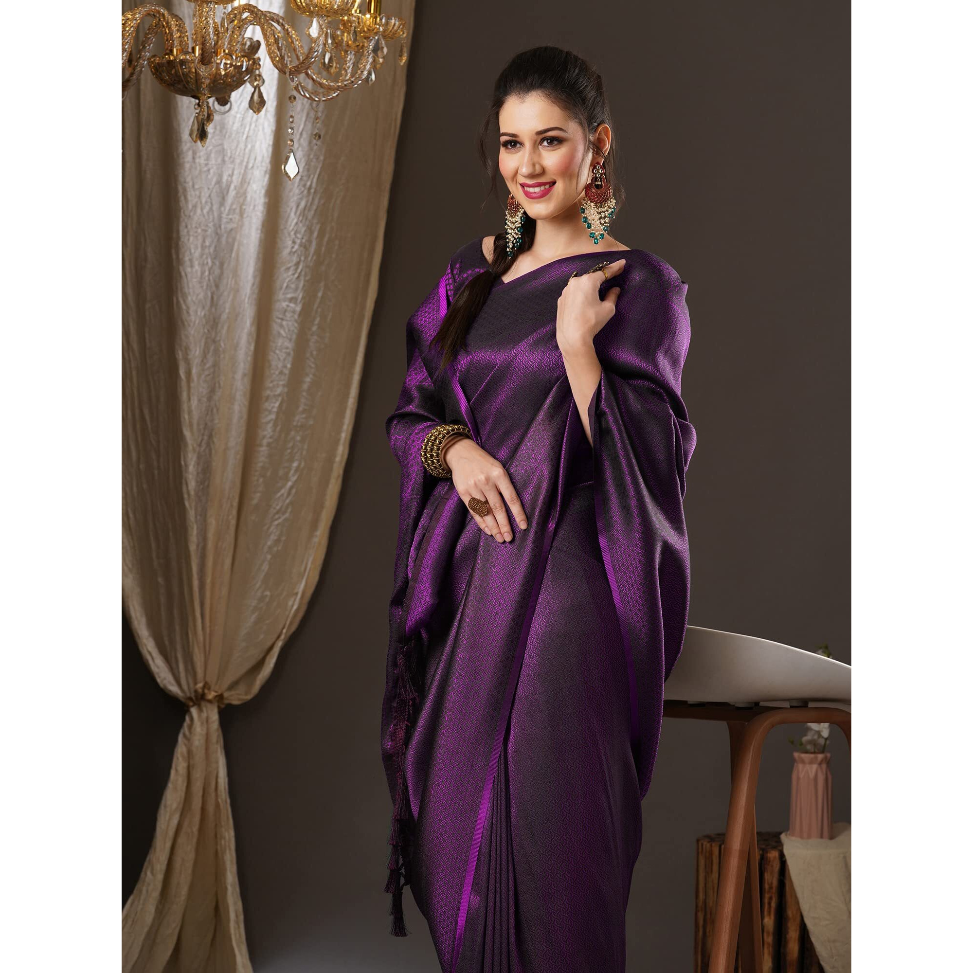 AKHILAM Womens Woven Design Kanjivaram Silk Saree With Unstitched Blouse Piece (Purple_8ALEKHA8004)