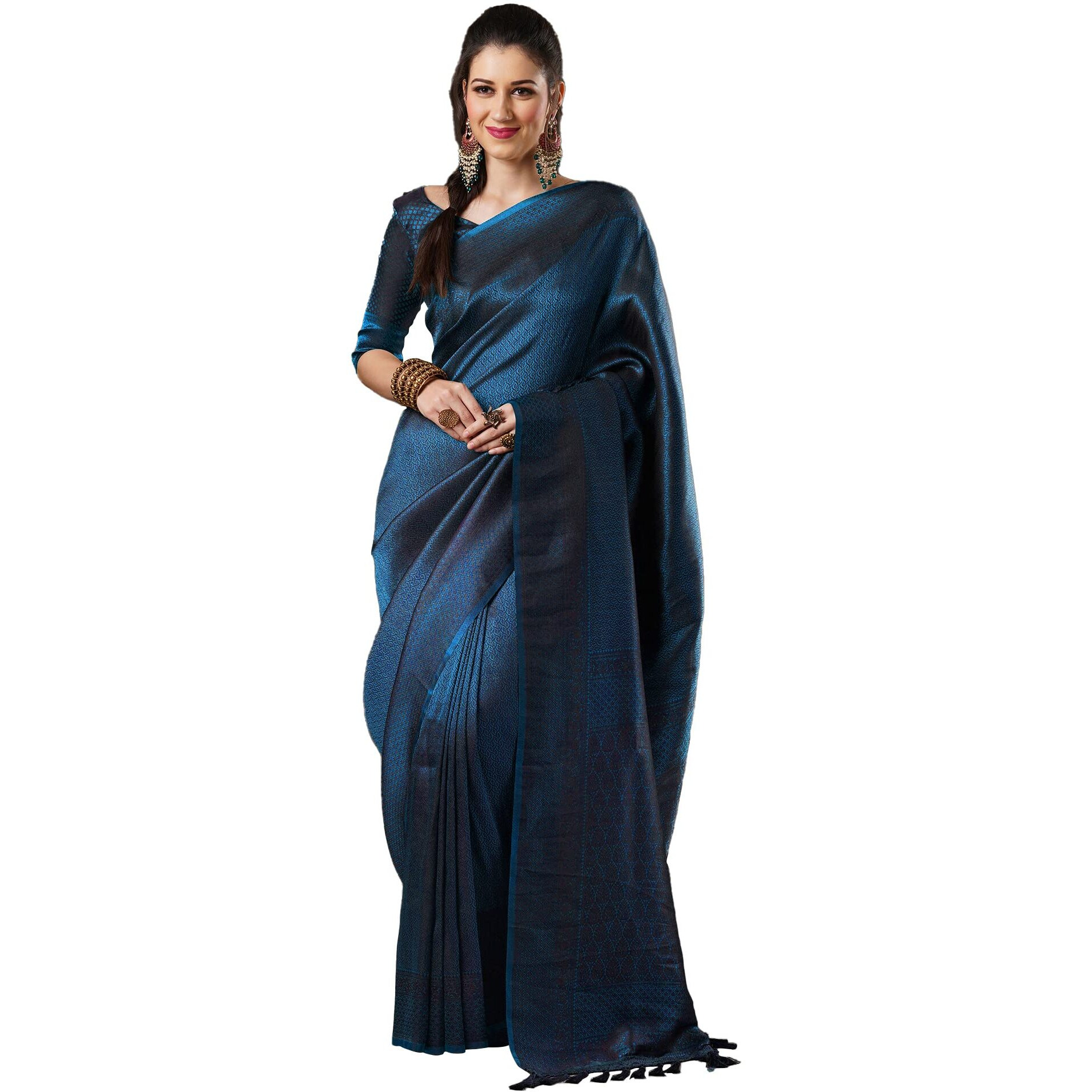 AKHILAM Womens Woven Design Kanjivaram Silk Saree With Unstitched Blouse Piece (Teal blue_8ALEKHA8003)