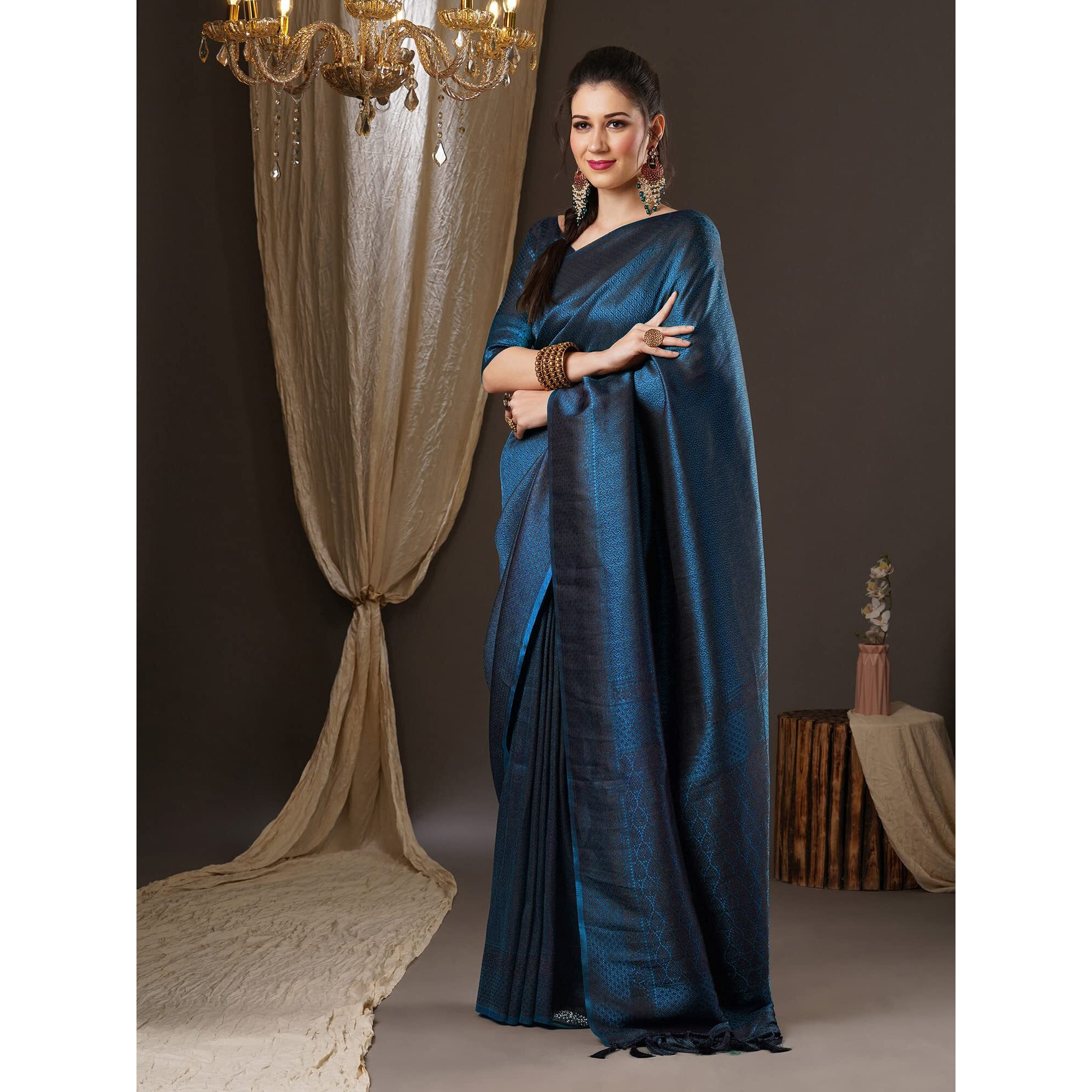 AKHILAM Womens Woven Design Kanjivaram Silk Saree With Unstitched Blouse Piece (Teal blue_8ALEKHA8003)