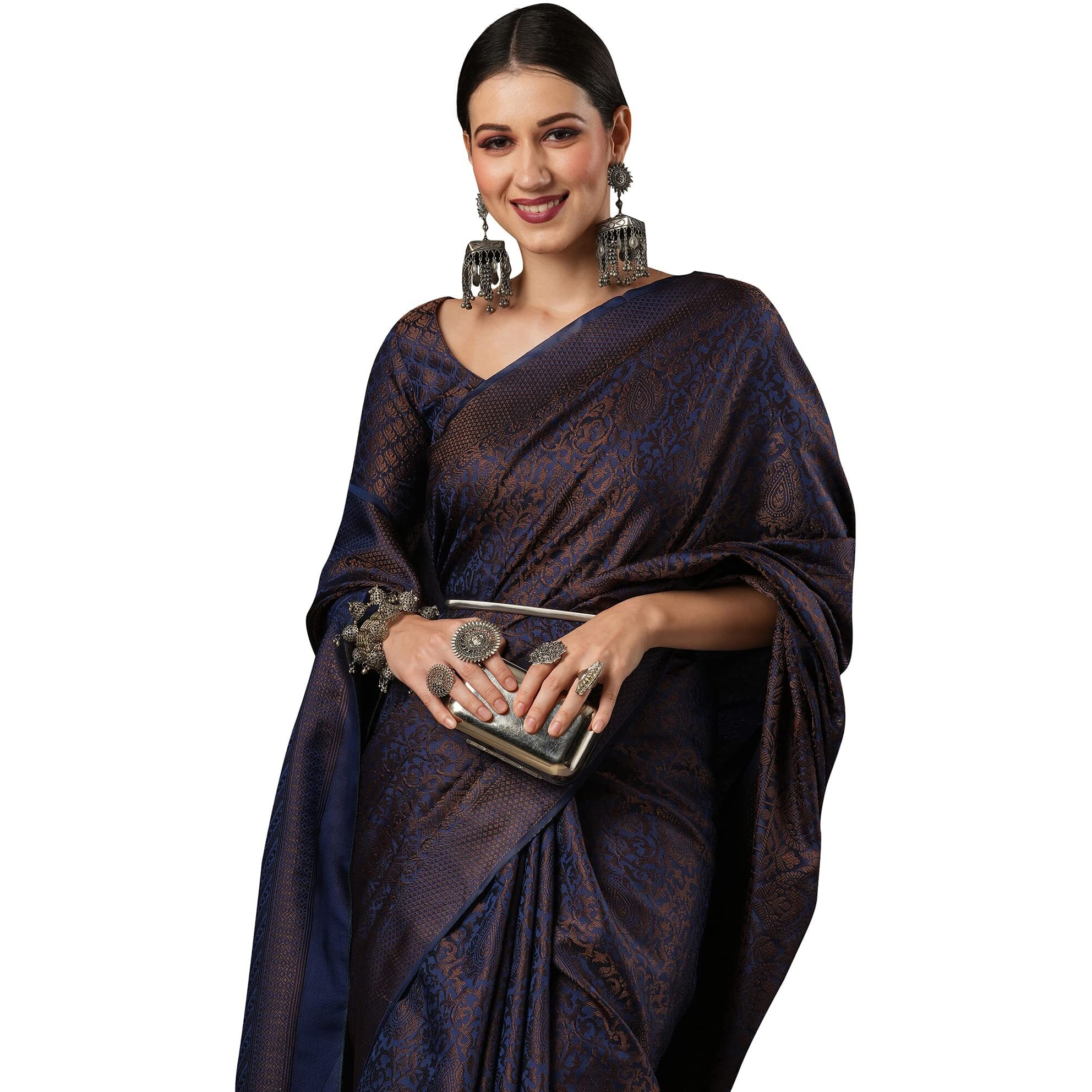 AKHILAM Womens Woven Design Zari Work Banarasi SIlk Saree With Unstitched Blouse Piece (Navy Blue_SOHNA2003)