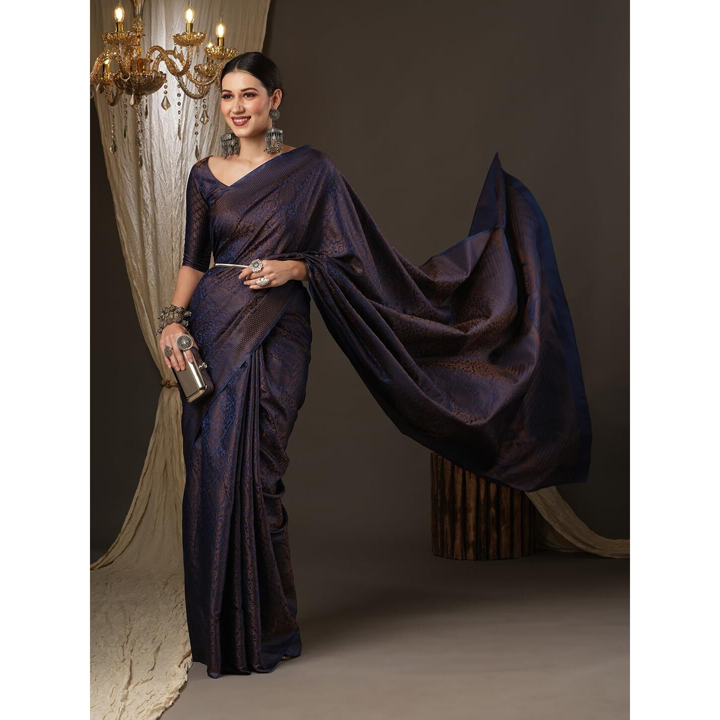 AKHILAM Womens Woven Design Zari Work Banarasi SIlk Saree With Unstitched Blouse Piece (Navy Blue_SOHNA2003)